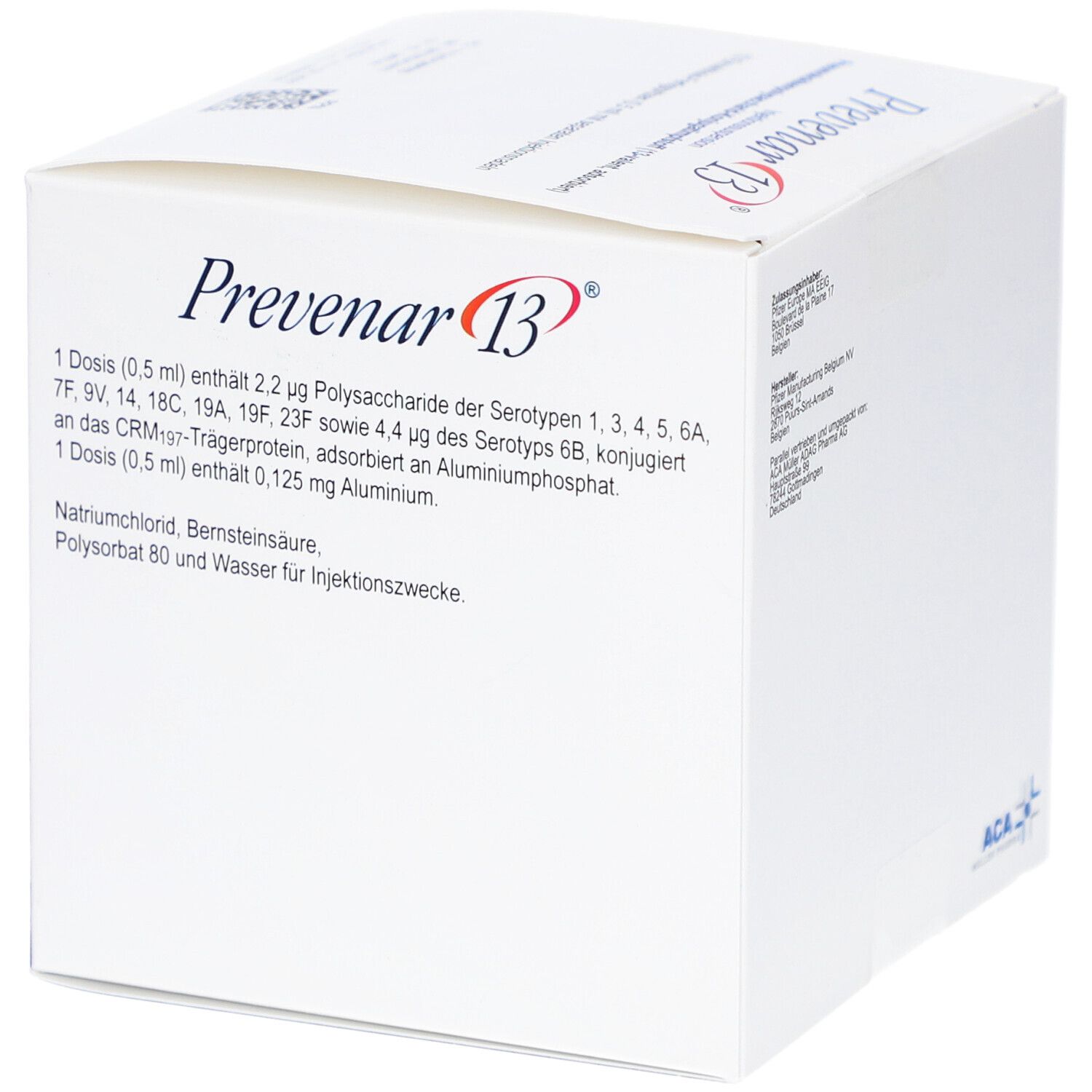 Seite der Prevenar 13-Schachtel. Textinformationen. ACA Müller Pharma-Logo. Inhaltsstoffe und Dosierung.