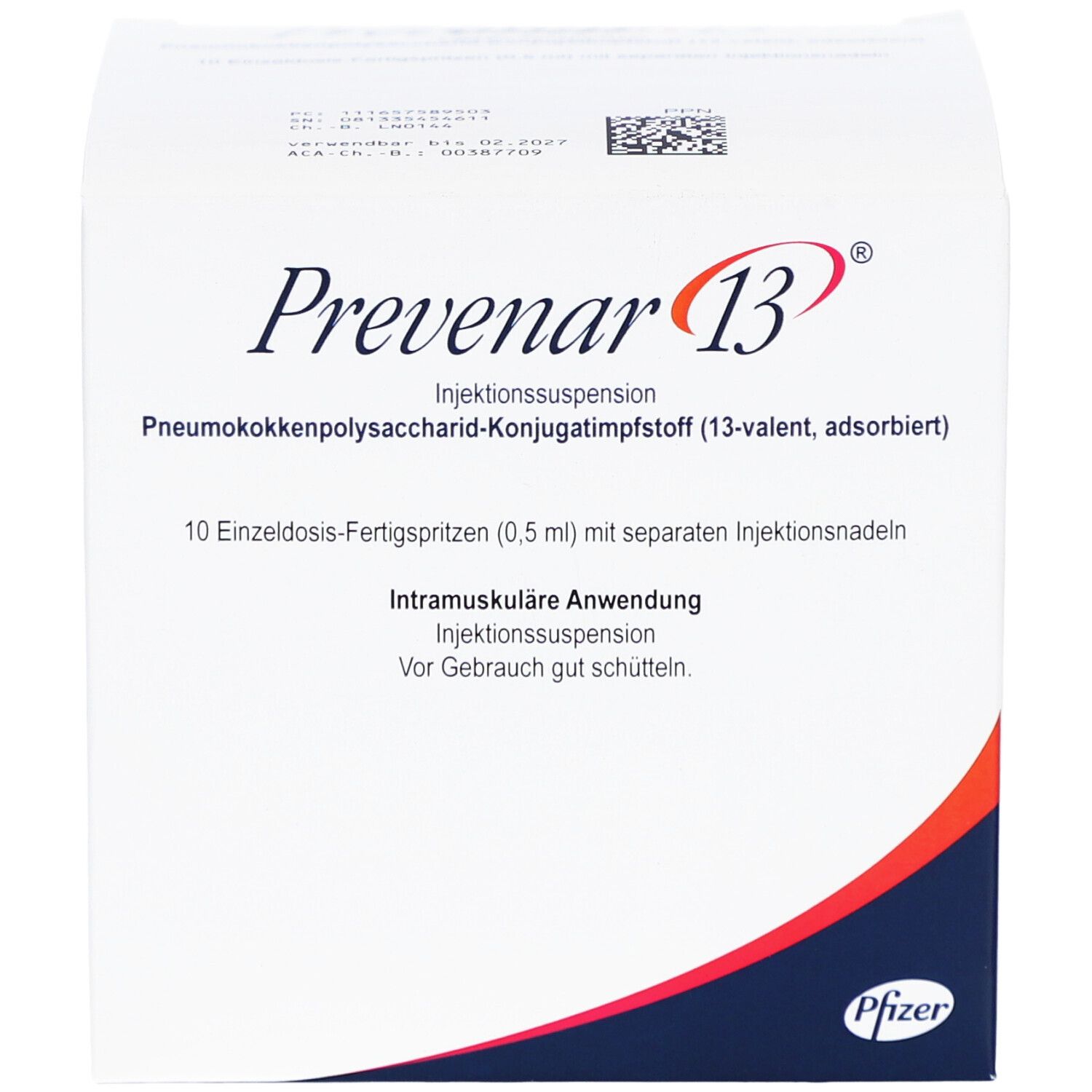 Vorderseite der Prevenar 13-Schachtel. Enthält 10 Fertigspritzen. Intramuskuläre Anwendung. Pfizer-Logo.
