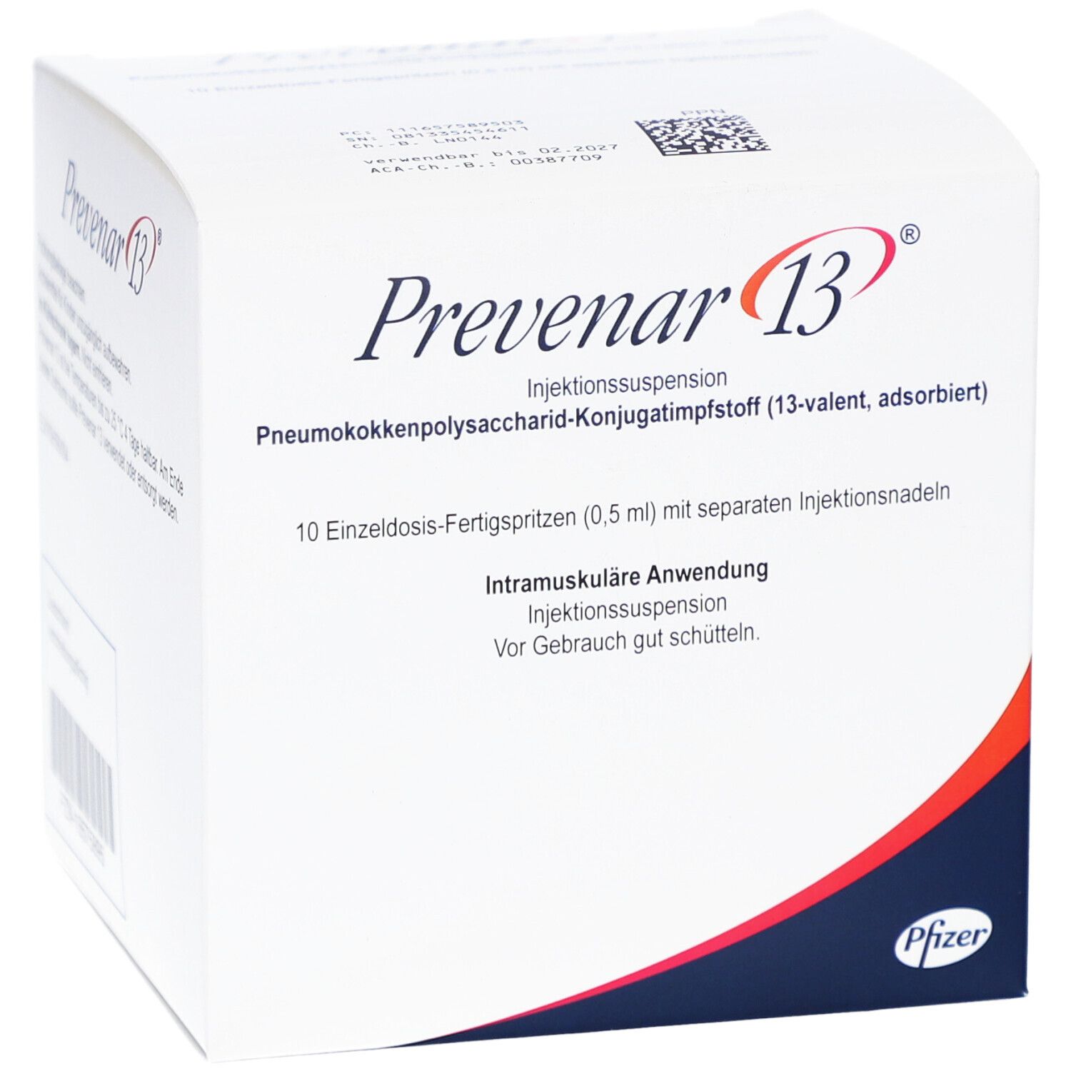Vorderseite der Prevenar 13-Schachtel. Enthält 10 Fertigspritzen. Intramuskuläre Anwendung. Pfizer-Logo.