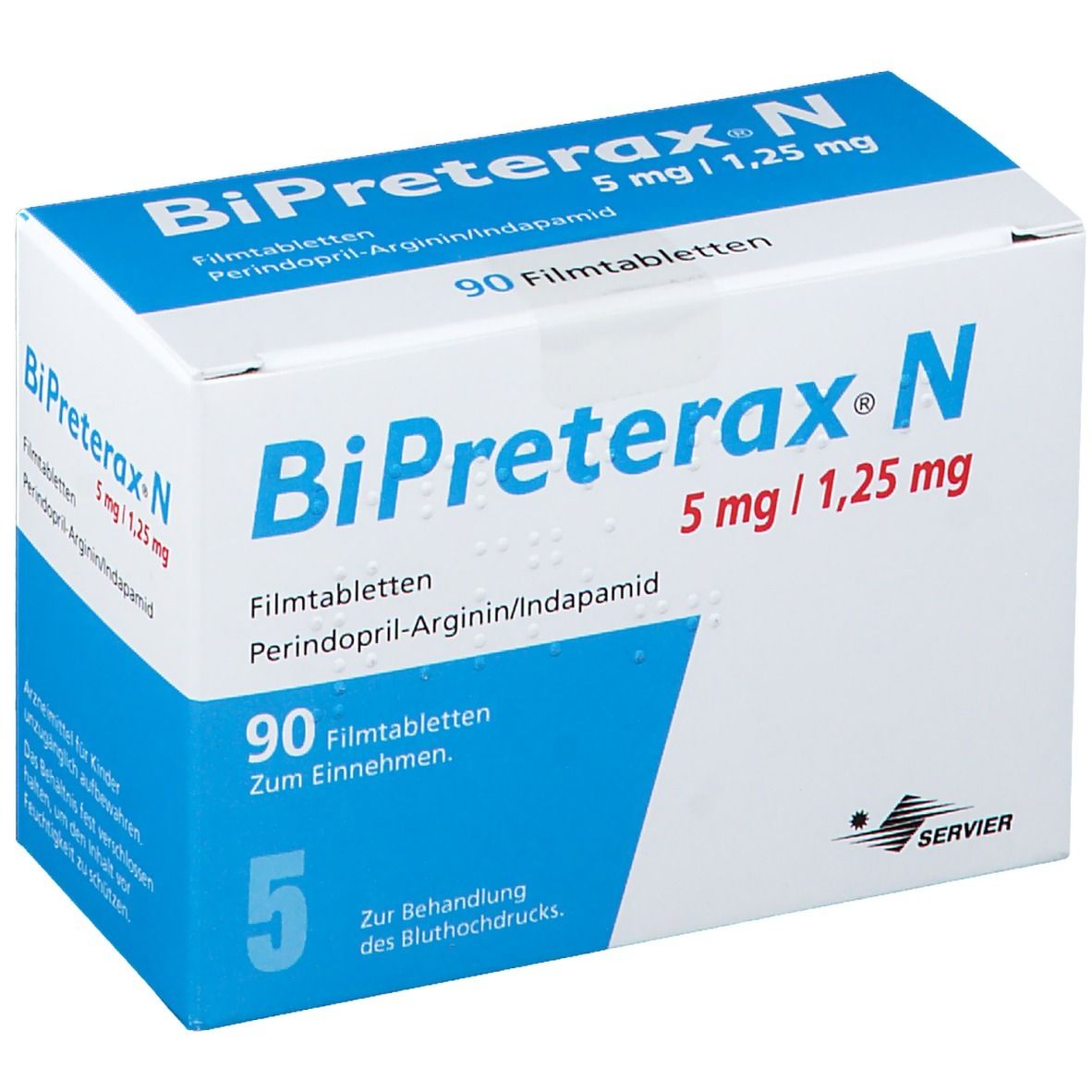 Weiße Schachtel mit blauem Deckel. Aufschrift: BiPreterax-N 5 mg/1,25 mg. Enthält 90 Filmtabletten. Servier-Logo.