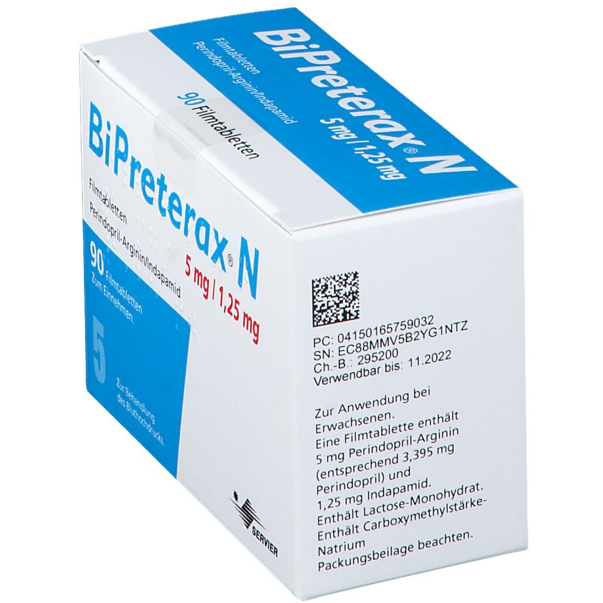 Schachtel mit BiPreterax-N. Aufschrift: 5 mg/1,25 mg. Enthält 90 Filmtabletten. QR-Code und Text auf der Seite. Servier-Logo.