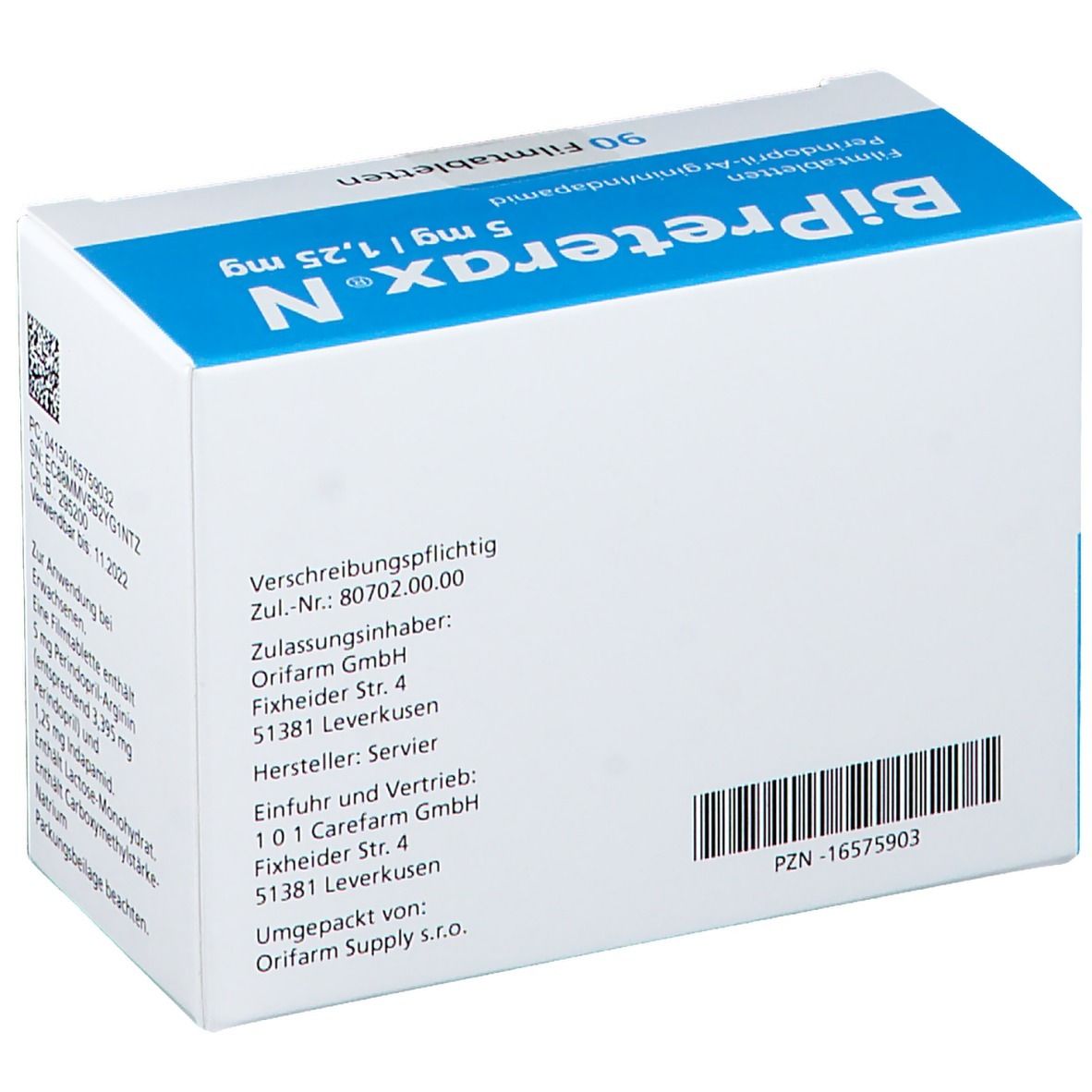 Rückseite der BiPreterax-N-Schachtel. Enthält Informationen und Barcode. Hersteller: Servier.