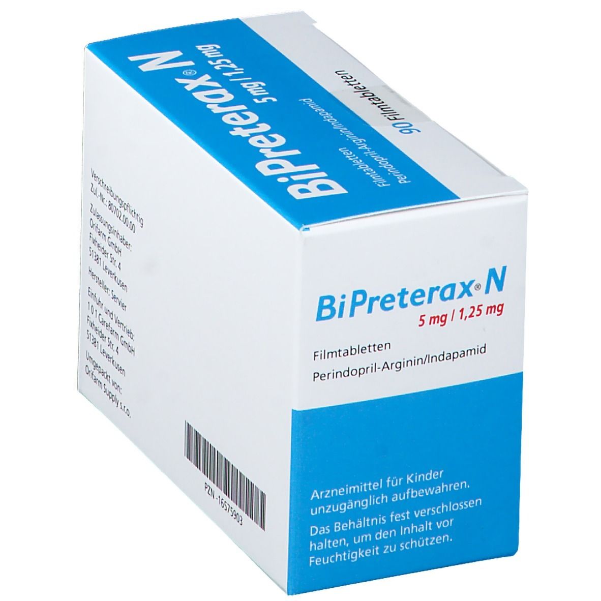 Schachtel mit BiPreterax-N. Aufschrift: 5 mg/1,25 mg. Enthält 90 Filmtabletten. Text und Servier-Logo.