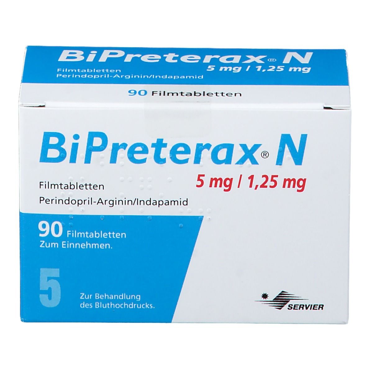 Weiße Schachtel mit blauem Deckel. Aufschrift: BiPreterax-N 5 mg/1,25 mg. Enthält 90 Filmtabletten. Servier-Logo.