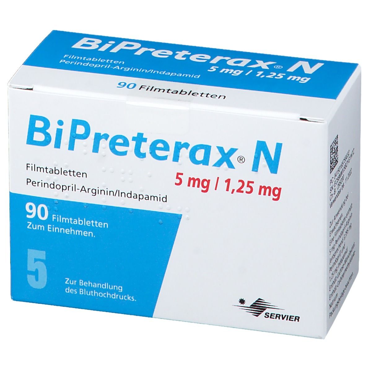Schachtel mit BiPreterax-N. Aufschrift: 5 mg/1,25 mg. Enthält 90 Filmtabletten. QR-Code und Text auf der Seite. Servier-Logo.