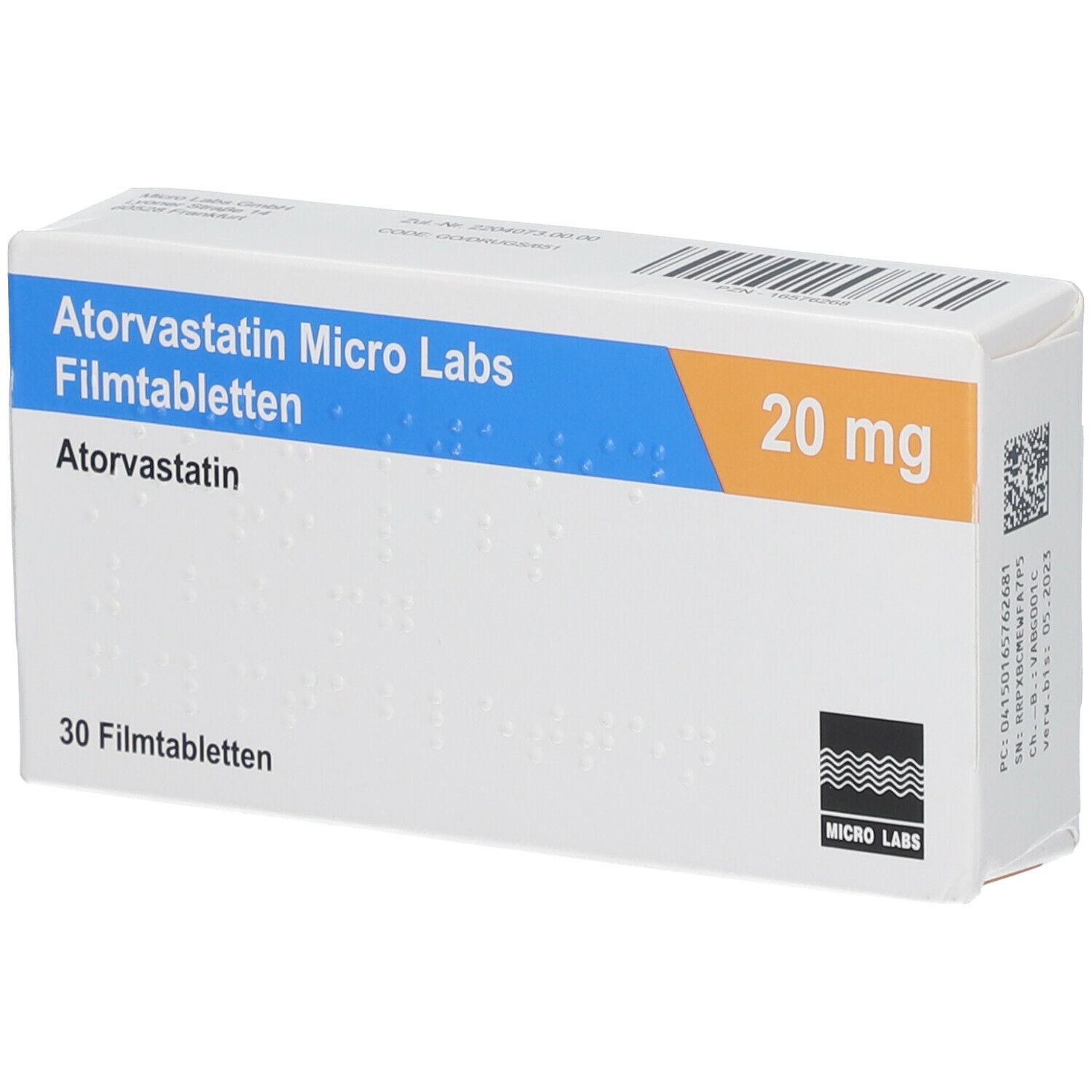 Schachtel mit Atorvastatin Micro Labs Filmtabletten. Aufschrift: 20 mg, 30 Filmtabletten. Blau-orangefarbene Streifen.