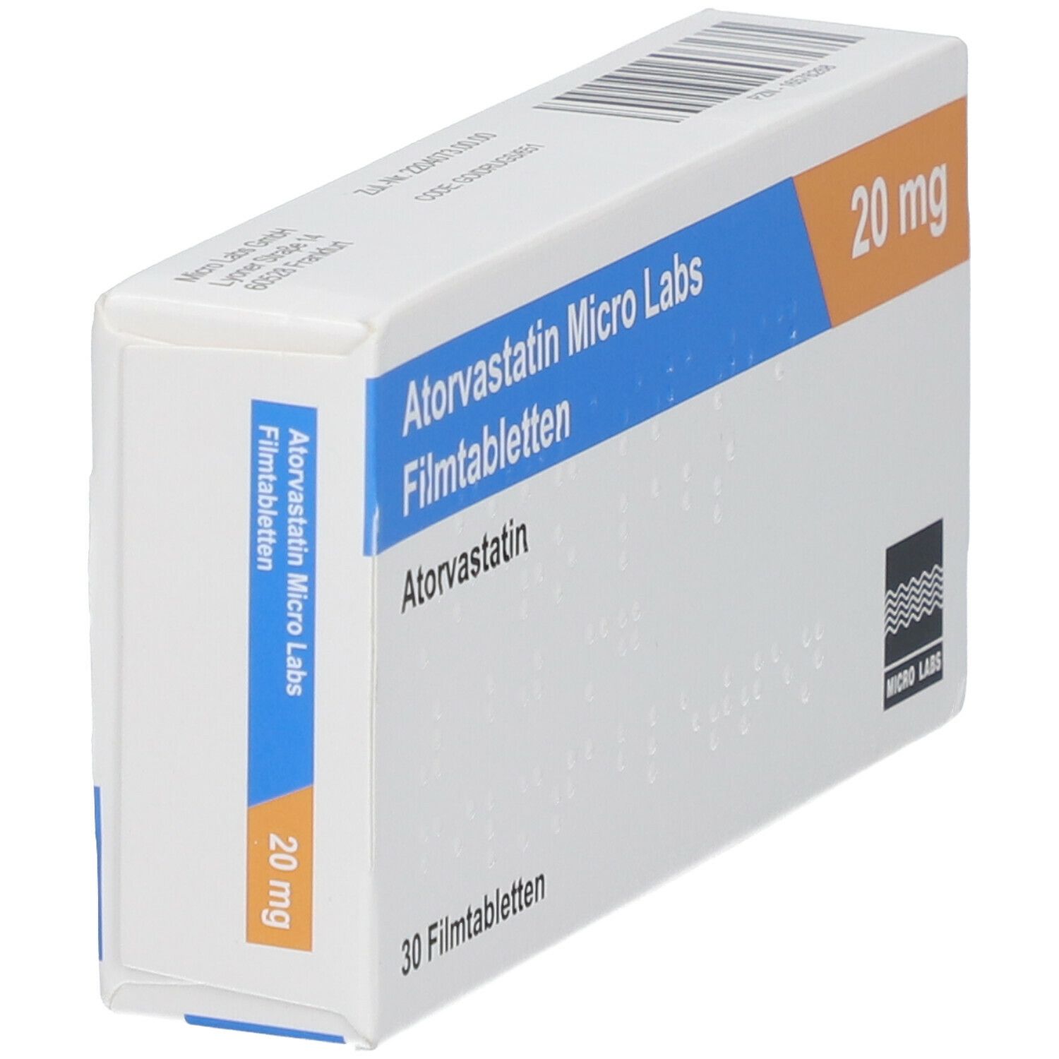Schachtel mit Atorvastatin Micro Labs Filmtabletten. Aufschrift: 20 mg, 30 Filmtabletten. Blau-orangefarbene Streifen. Seitenansicht.