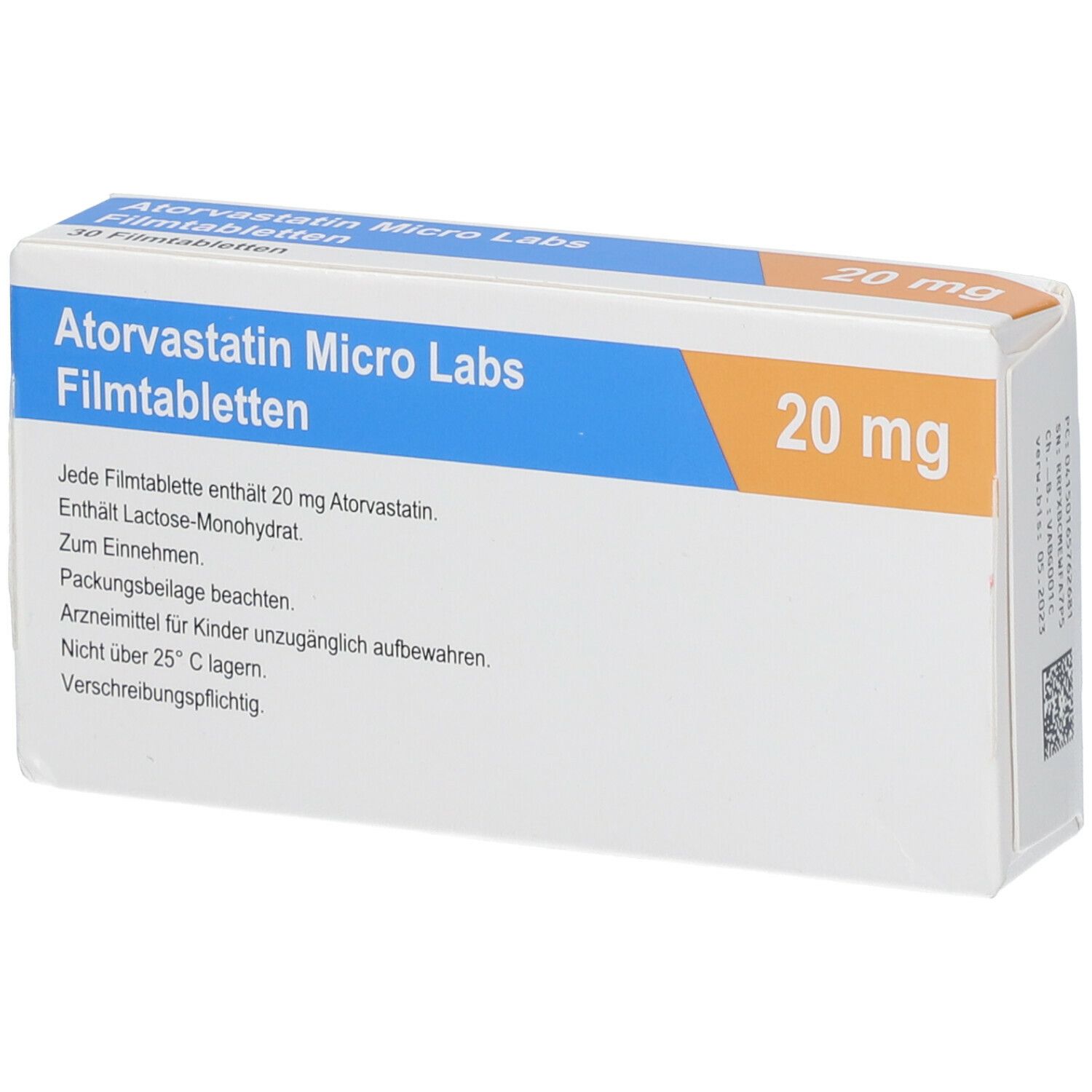 Schachtel mit Atorvastatin Micro Labs Filmtabletten. Aufschrift: 20 mg, 30 Filmtabletten. Text auf der Rückseite. Blau-orangefarbene Streifen.