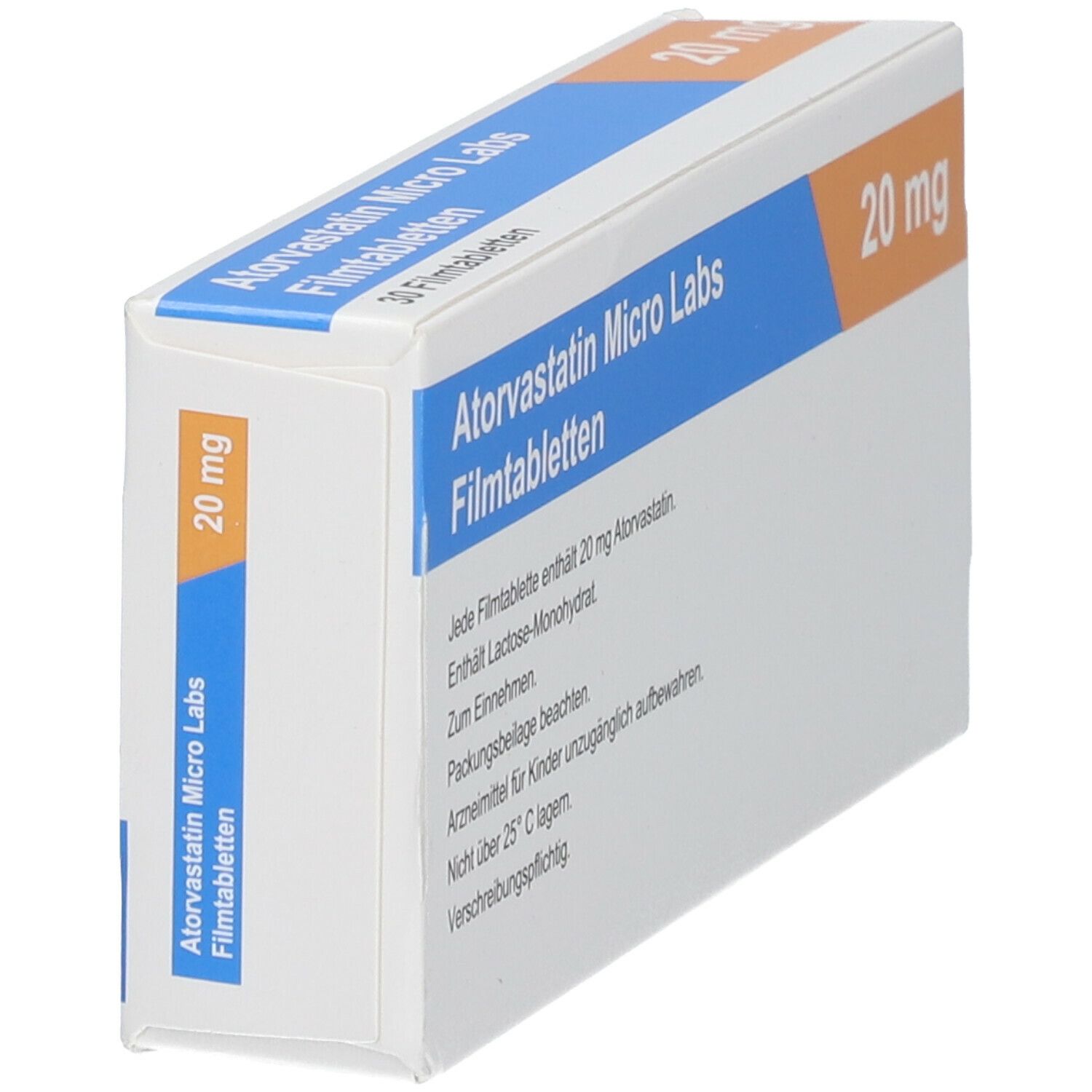Schachtel mit Atorvastatin Micro Labs Filmtabletten. Aufschrift: 20 mg, 30 Filmtabletten. Text auf der Rückseite. Seitenansicht.