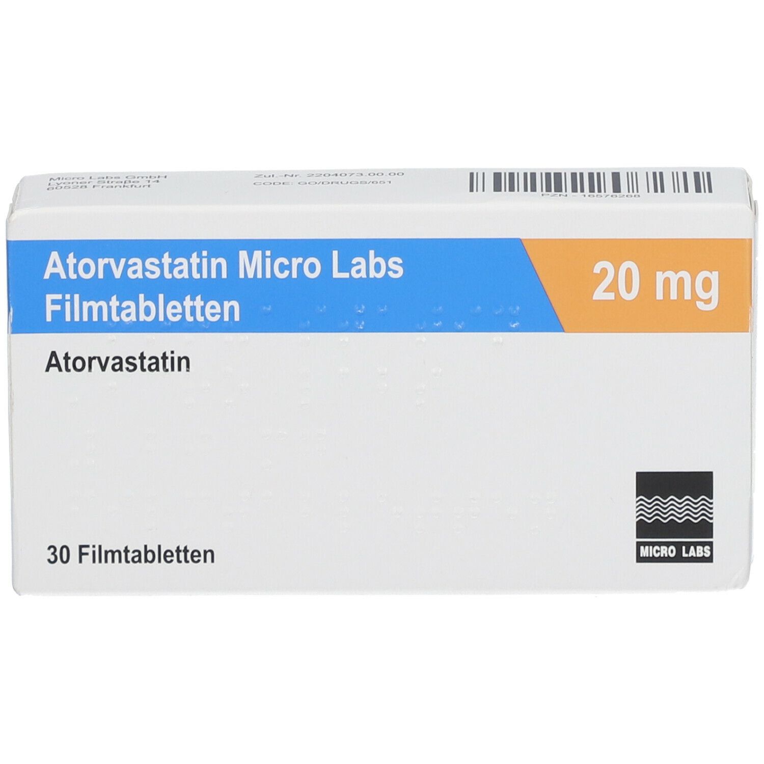 Schachtel mit Atorvastatin Micro Labs Filmtabletten. Aufschrift: 20 mg, 30 Filmtabletten. Blau-orangefarbene Streifen.