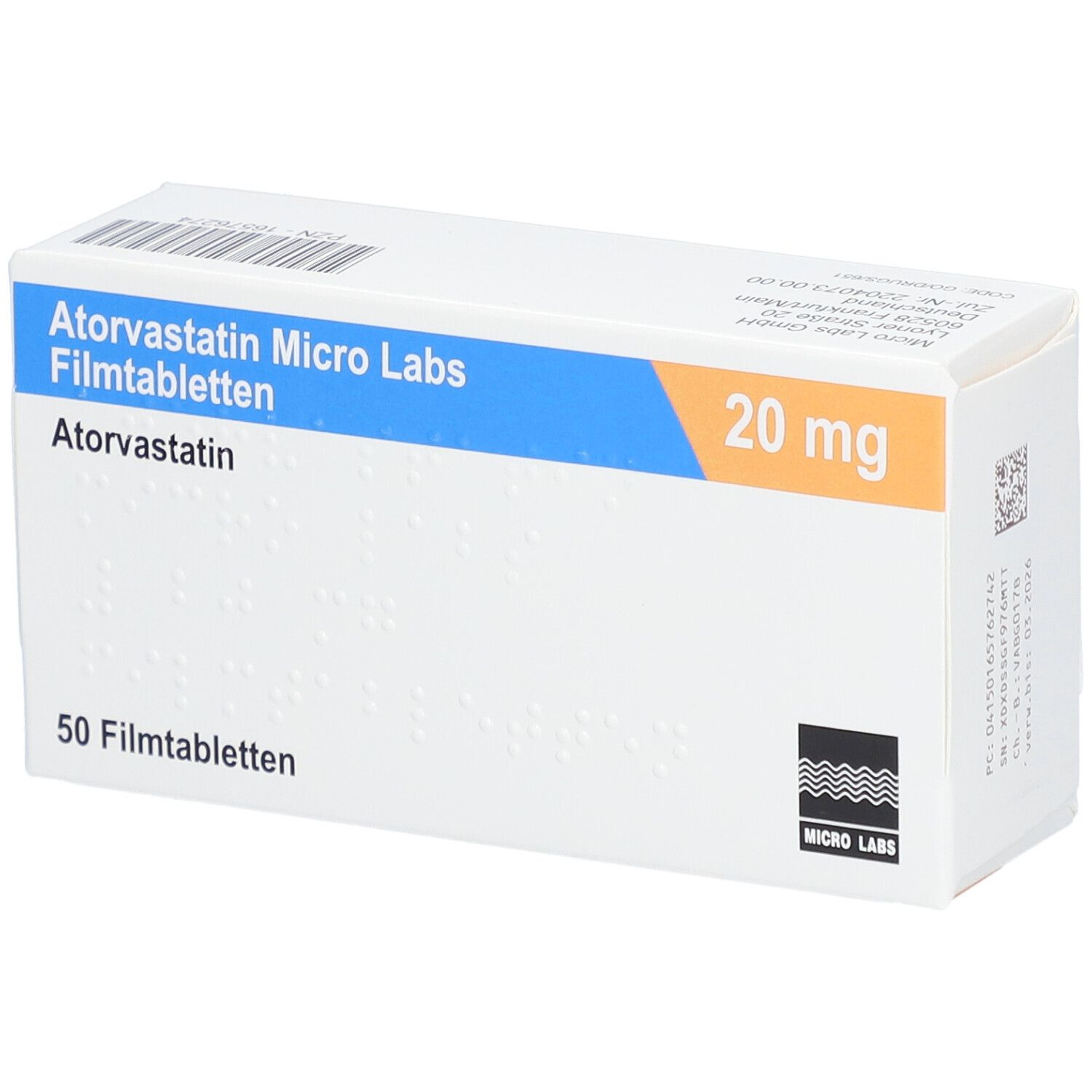 Schachtel mit Atorvastatin Micro Labs Filmtabletten. 20 mg, 50 Tabletten. Blaue und orangefarbene Akzente. Micro Labs Logo.
