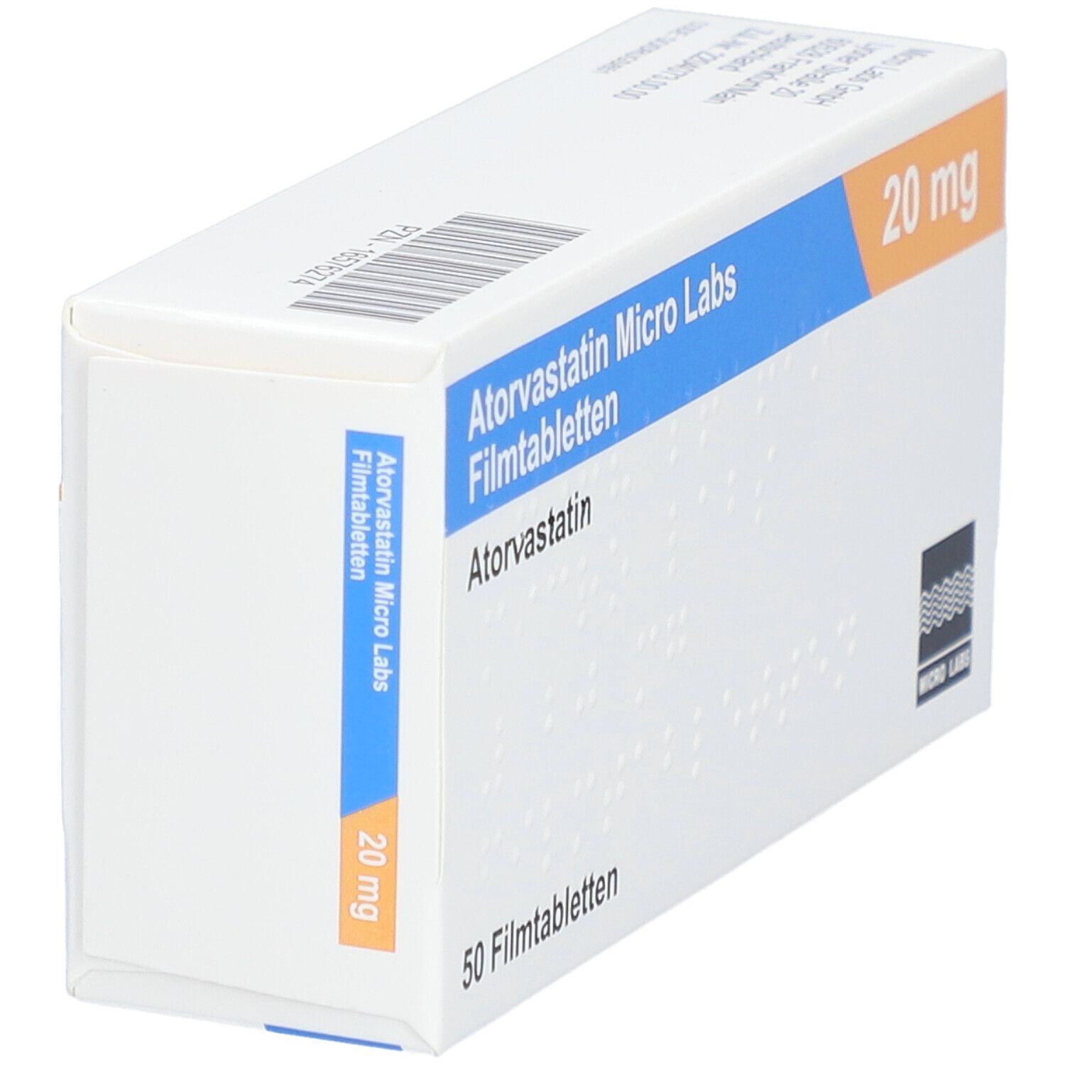 Schachtel mit Atorvastatin Micro Labs Filmtabletten. 20 mg, 50 Tabletten. Blaue und orangefarbene Akzente. Micro Labs Logo.