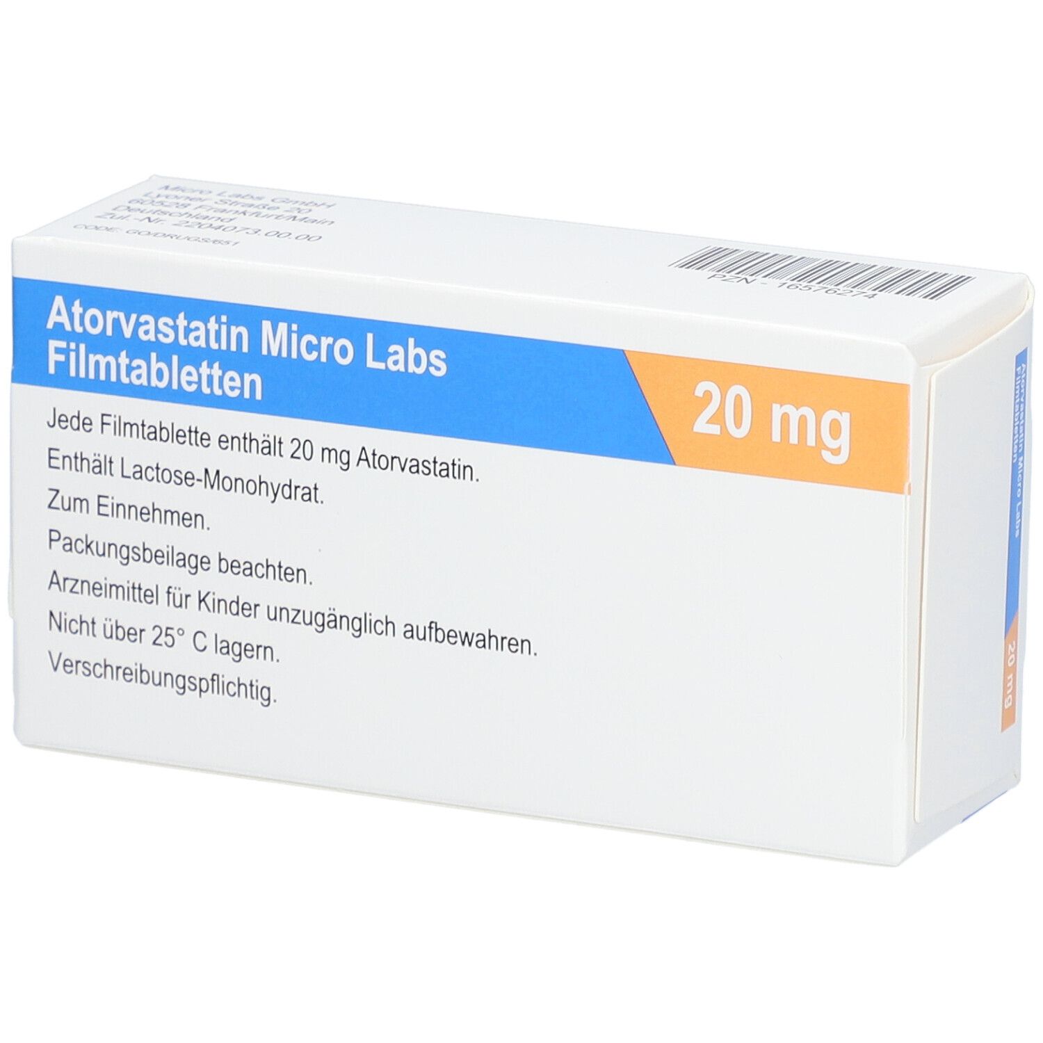 Schachtel mit Atorvastatin Micro Labs Filmtabletten. 20 mg. Textinformationen. Micro Labs Logo. Enthält 50 Filmtabletten.