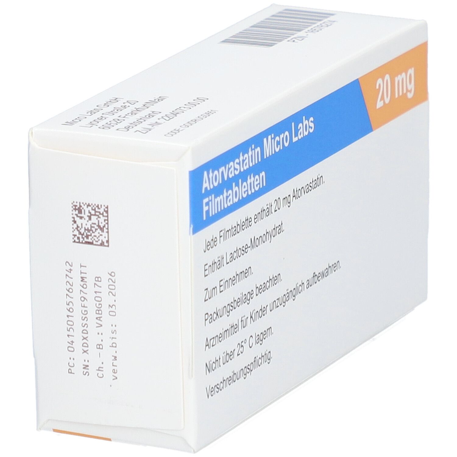 Schachtel mit Atorvastatin Micro Labs Filmtabletten. 20 mg. Textinformationen. Micro Labs Logo. Enthält 50 Filmtabletten.