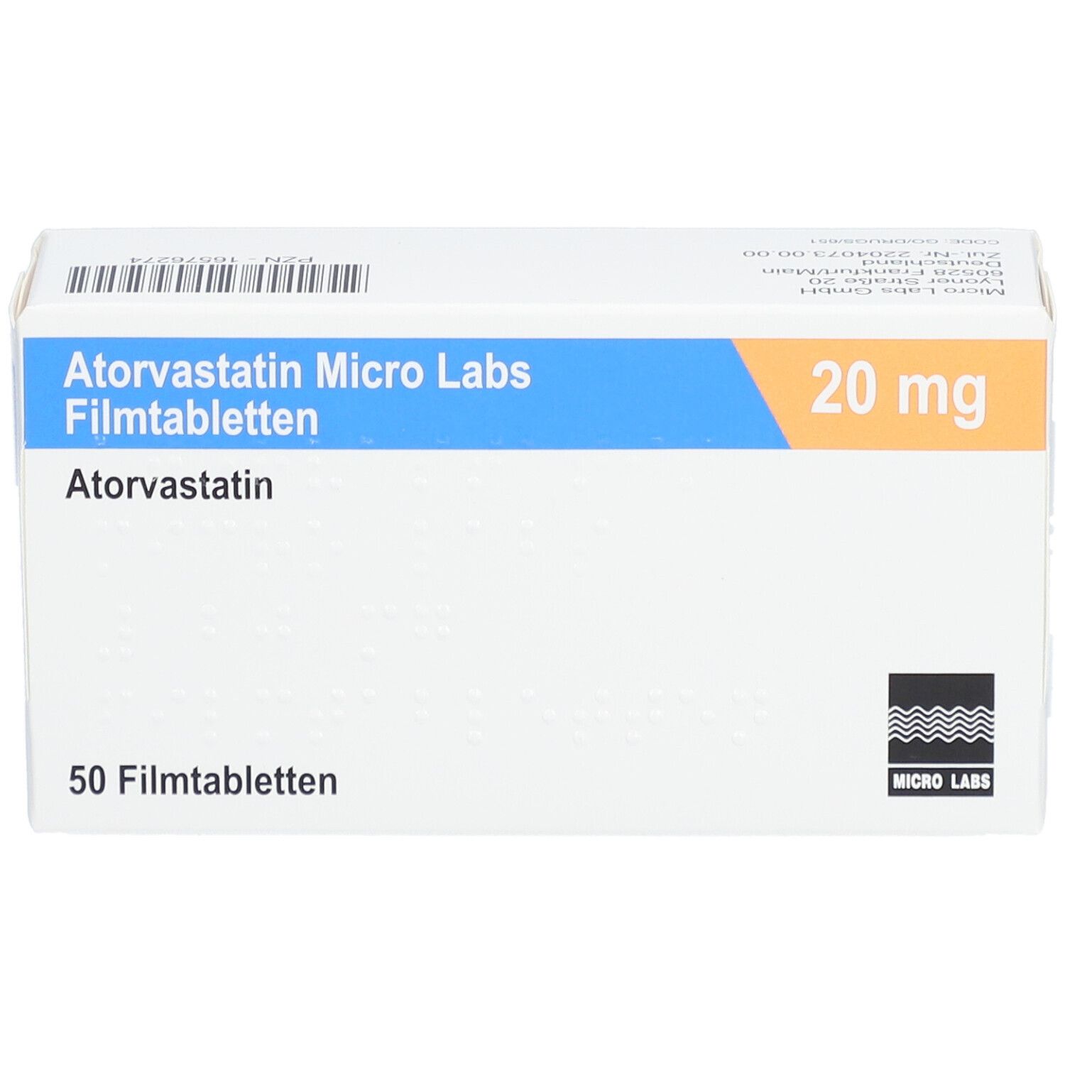 Schachtel mit Atorvastatin Micro Labs Filmtabletten. 20 mg, 50 Tabletten. Blaue und orangefarbene Akzente. Micro Labs Logo.
