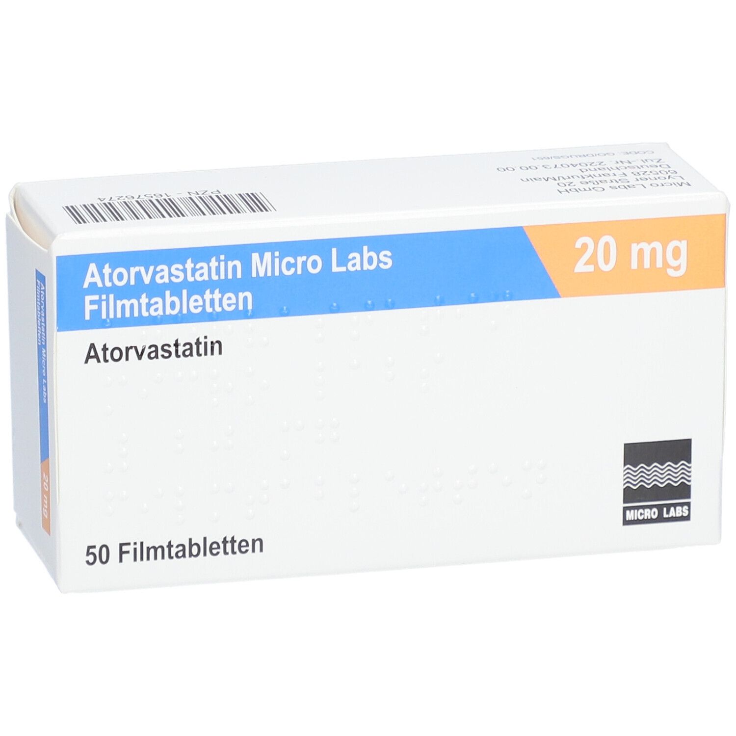 Schachtel mit Atorvastatin Micro Labs Filmtabletten. 20 mg, 50 Tabletten. Blaue und orangefarbene Akzente. Micro Labs Logo.
