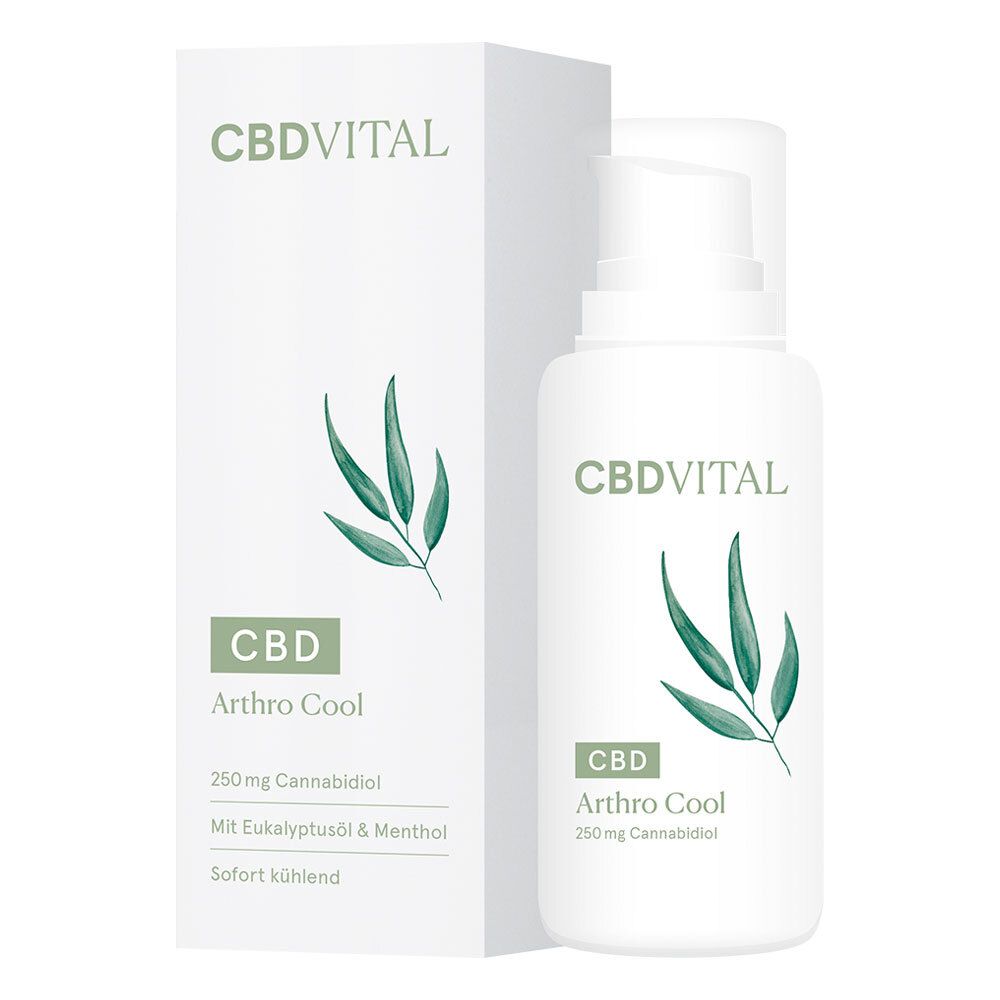 Produktverpackung mit Flasche. Aufschrift CBDVITAL, CBD Arthro Cool, 250 mg Cannabidiol. Grüne Blätter.