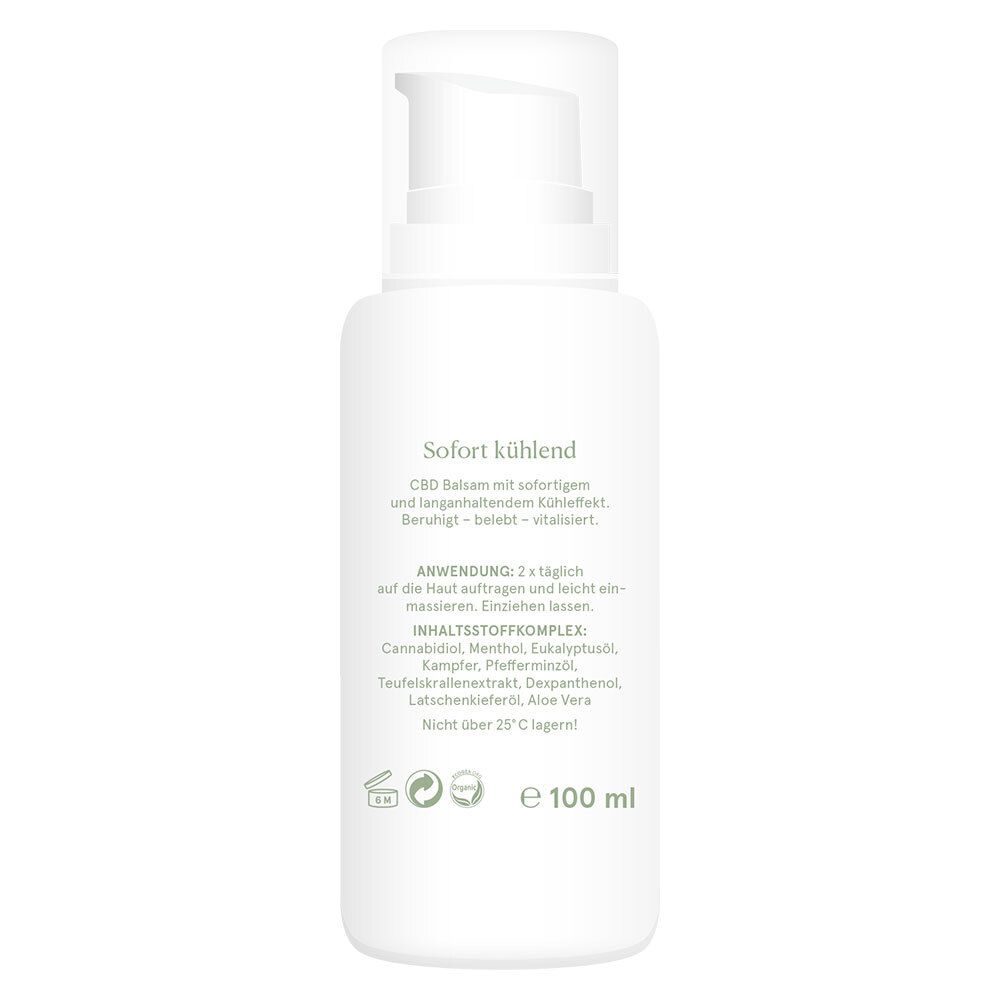 Weiße Flasche mit Pumpverschluss. Text: Sofort kühlend. Anwendungshinweise. Inhaltsstoffkomplex. 100 ml.