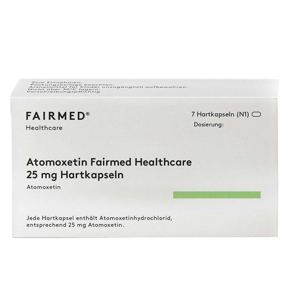 Weiße Schachtel mit Aufschrift FAIRMED Healthcare. Atomoxetin Fairmed Healthcare 25 mg Hartkapseln. 7 Hartkapseln.
