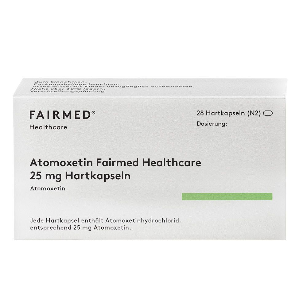 Verpackung von Atomoxetin Fairmed Healthcare 25 mg Hartkapseln. Enthält 28 Kapseln. Aufschrift: FAIRMED Healthcare.