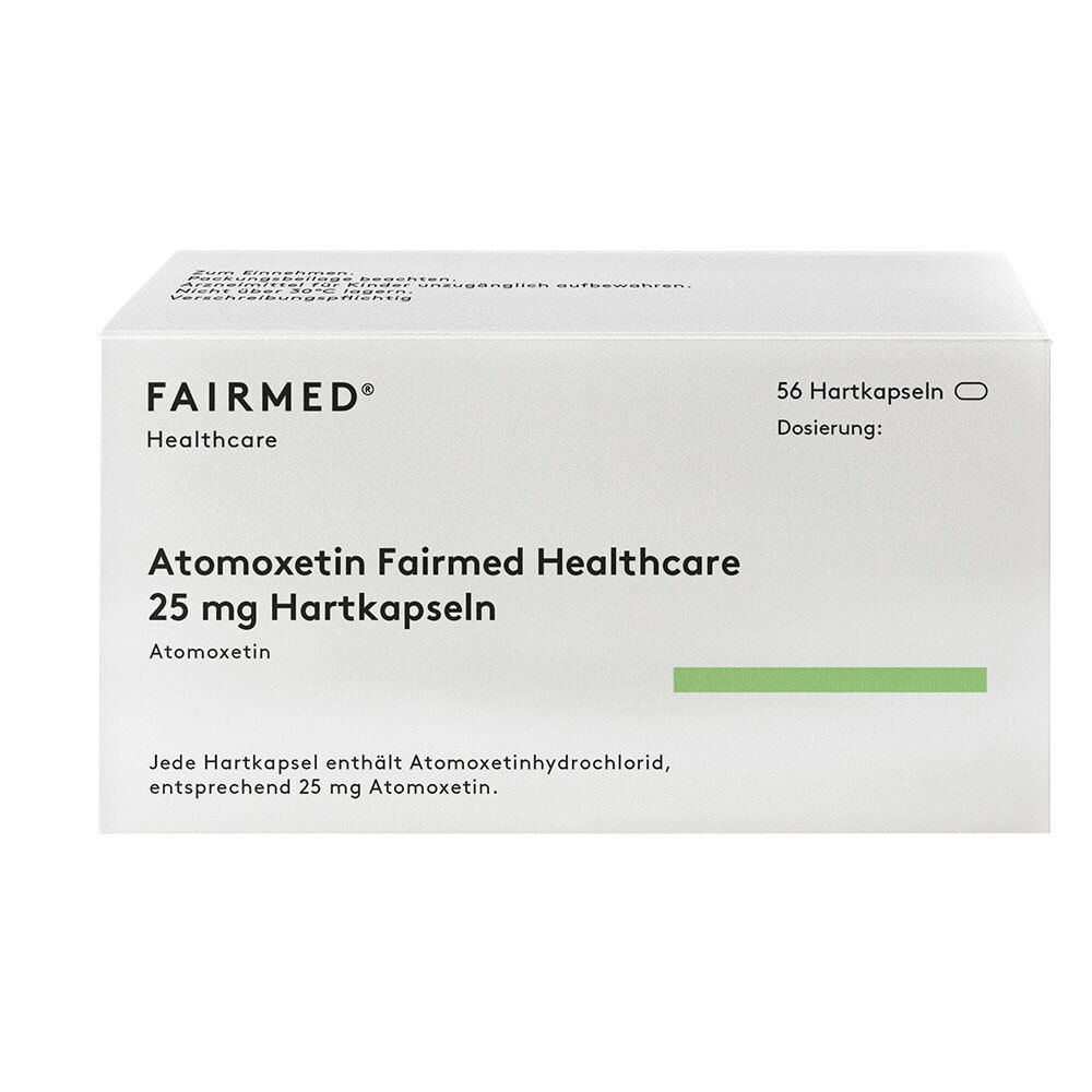 Schachtel mit Atomoxetin Fairmed 25 mg Hartkapseln. Weiße Verpackung mit grüner Linie. 56 Kapseln.