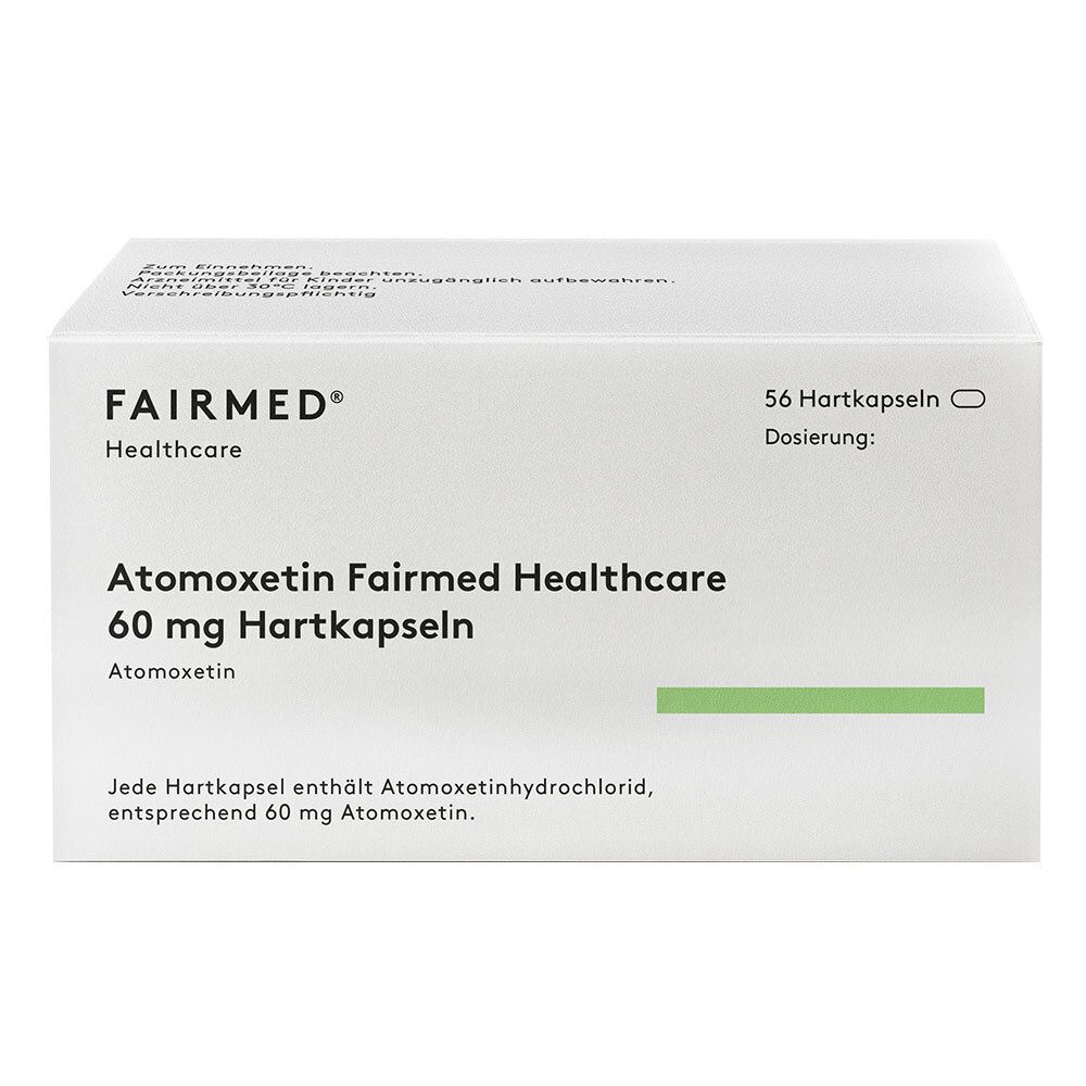 Weiße Schachtel mit "Atomoxetin Fairmed Healthcare 60 mg Hartkapseln". Enthält 56 Kapseln. Marke: FAIRMED.