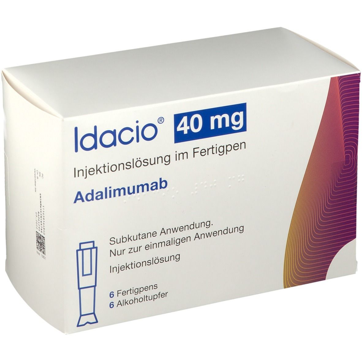 Verpackung von Idacio 40 mg Injektionslösung im Fertigpen. Enthält 6 Fertigpens und 6 Alkoholtupfer. Adalimumab.