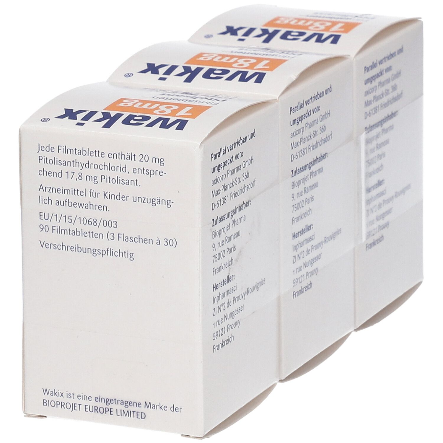 Drei Wakix 18 mg Schachteln. Weiße Verpackung mit orangefarbenem Schriftzug. Enthält Informationen zu Inhaltsstoffen und Dosierung.