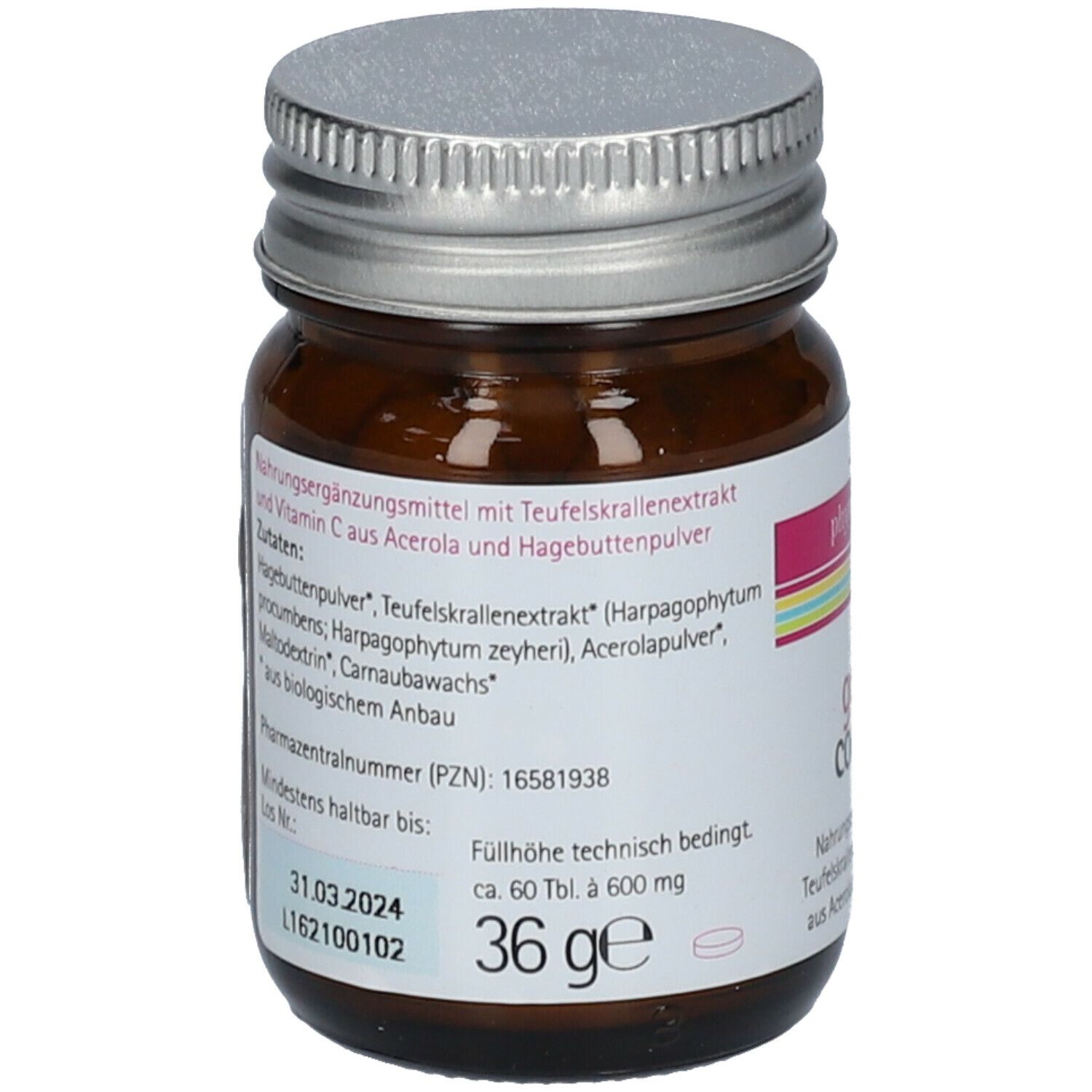 Braune Glasflasche mit silbernem Deckel. Etikett mit Inhaltsstoffen und Chargennummer. Enthält 36 Tabletten.