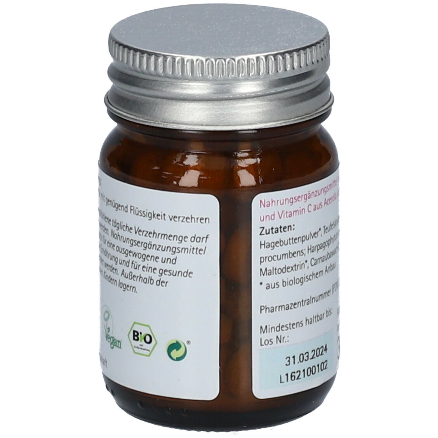 Braune Glasflasche mit silbernem Deckel. Etikett mit Verzehrempfehlung und Bio-Siegel. Enthält Nahrungsergänzungsmittel.