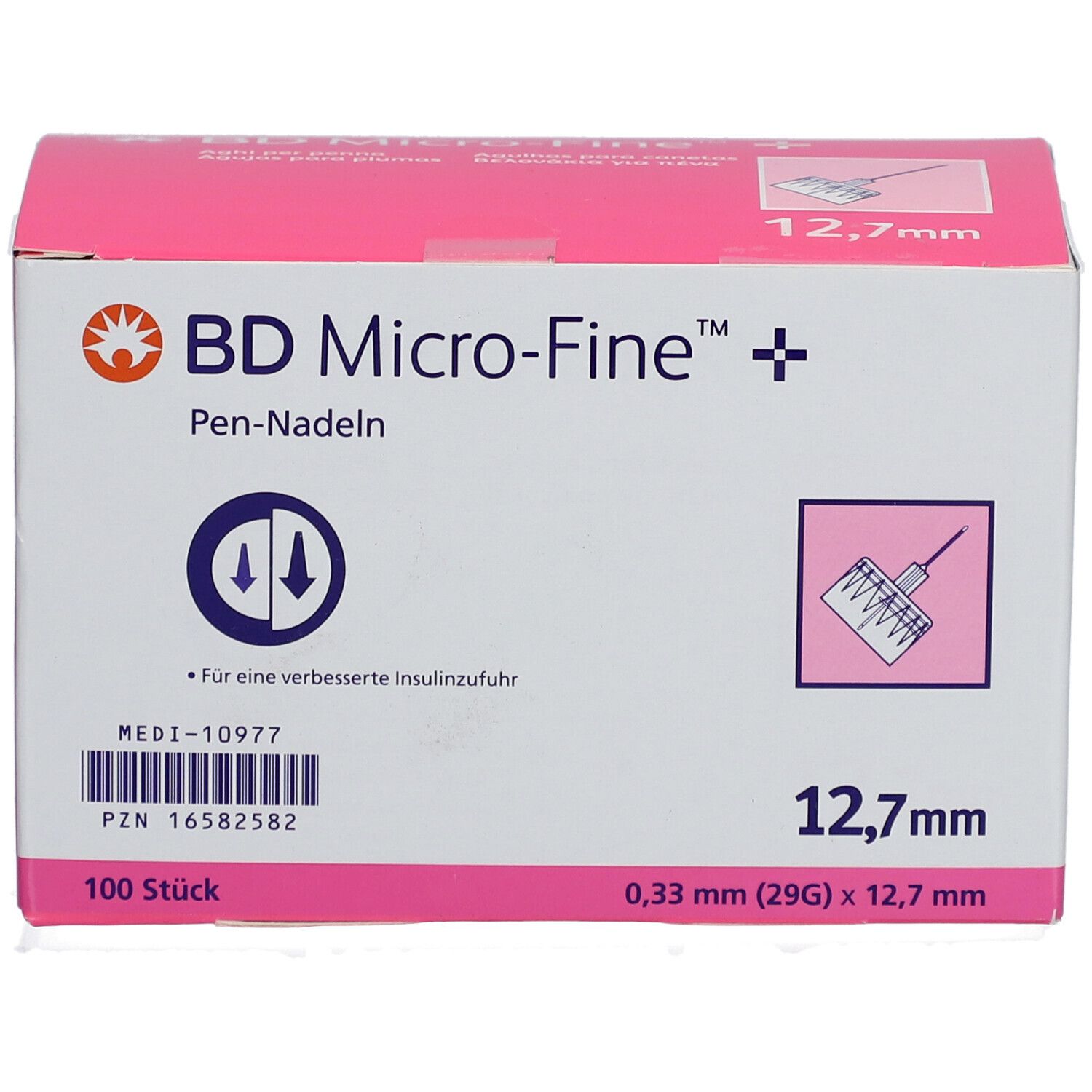 Rosa Karton mit Aufdruck. Enthält BD Micro-Fine Pen-Nadeln. 100 Stück, 12,7 mm, 0,33 mm (29G).