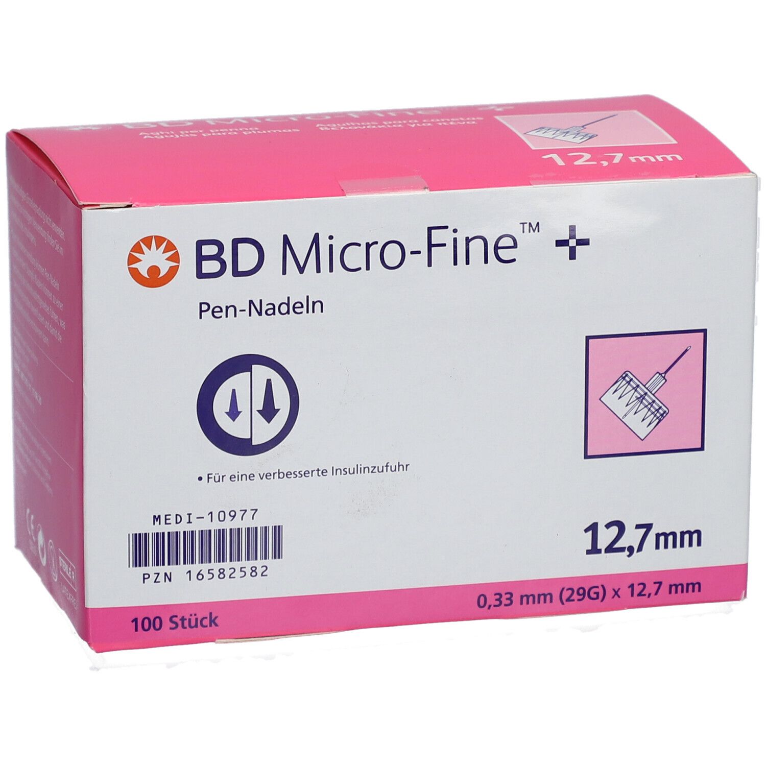 Rosa Karton mit Aufdruck. Enthält BD Micro-Fine Pen-Nadeln. 100 Stück, 12,7 mm, 0,33 mm (29G).