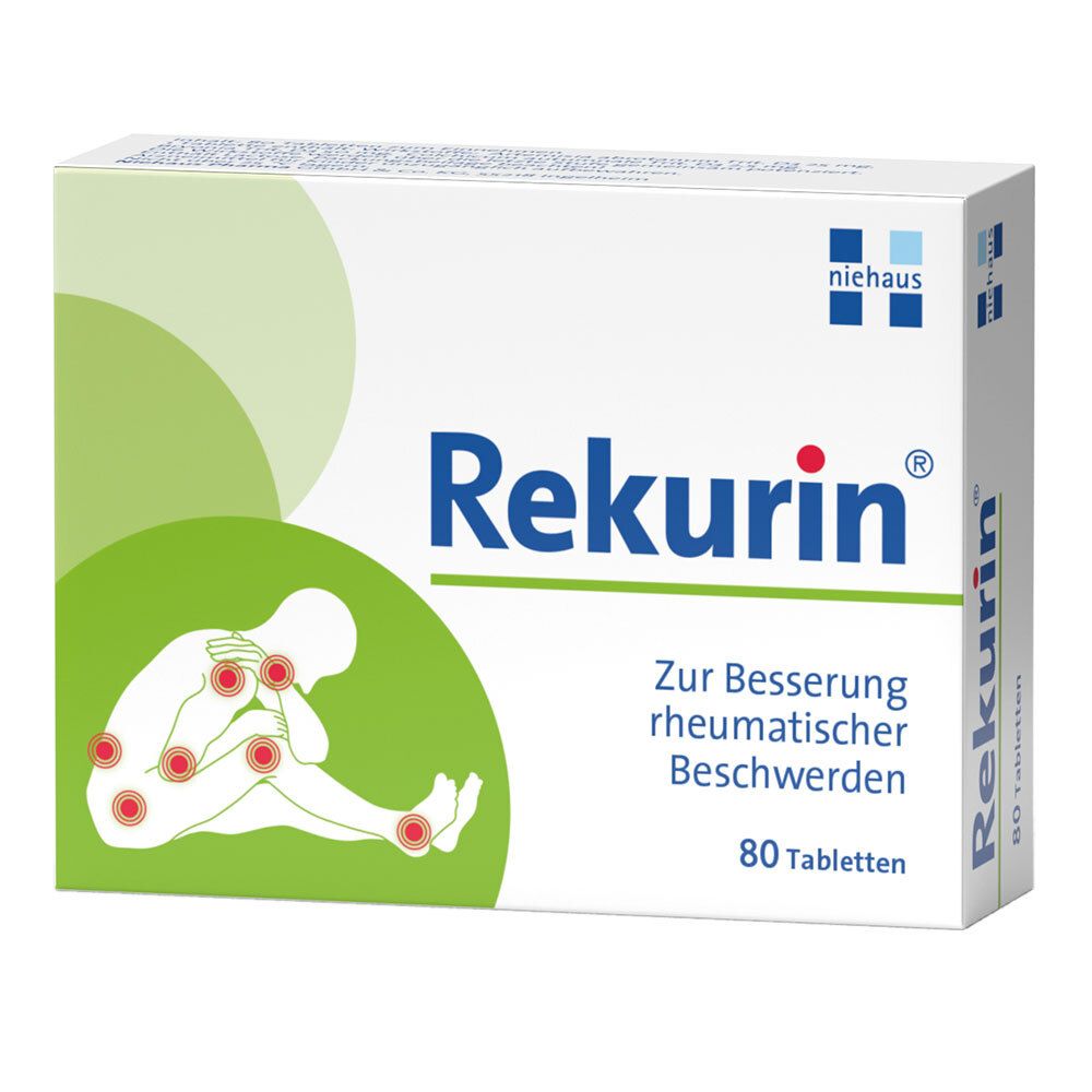 Rekurin Tabletten-Packung. Aufdruck: Rekurin, 80 Tabletten, Illustration einer Person mit Schmerzpunkten.