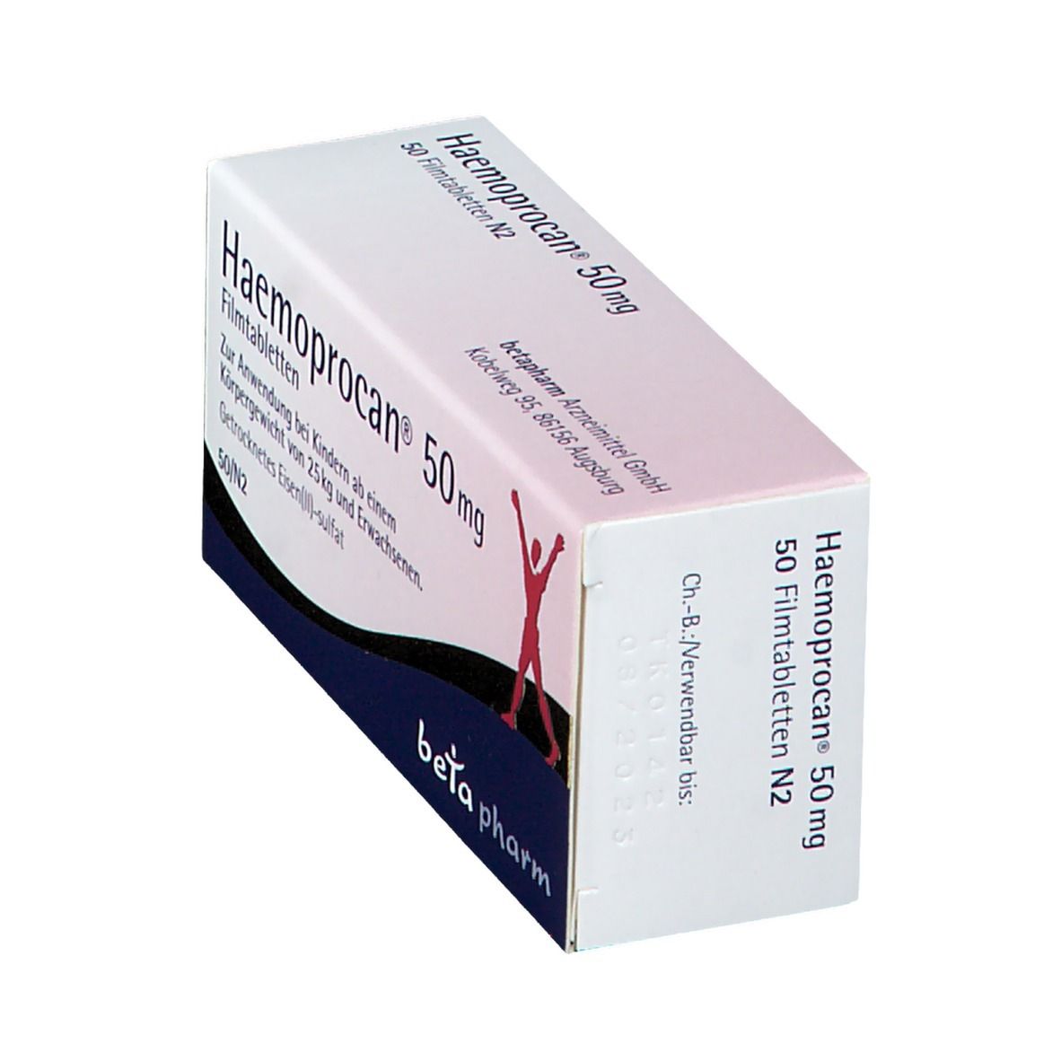 Weißer Karton mit Haemoprocan® 50 mg. Roter Strichmännchen-Aufdruck. Beta pharm Logo.