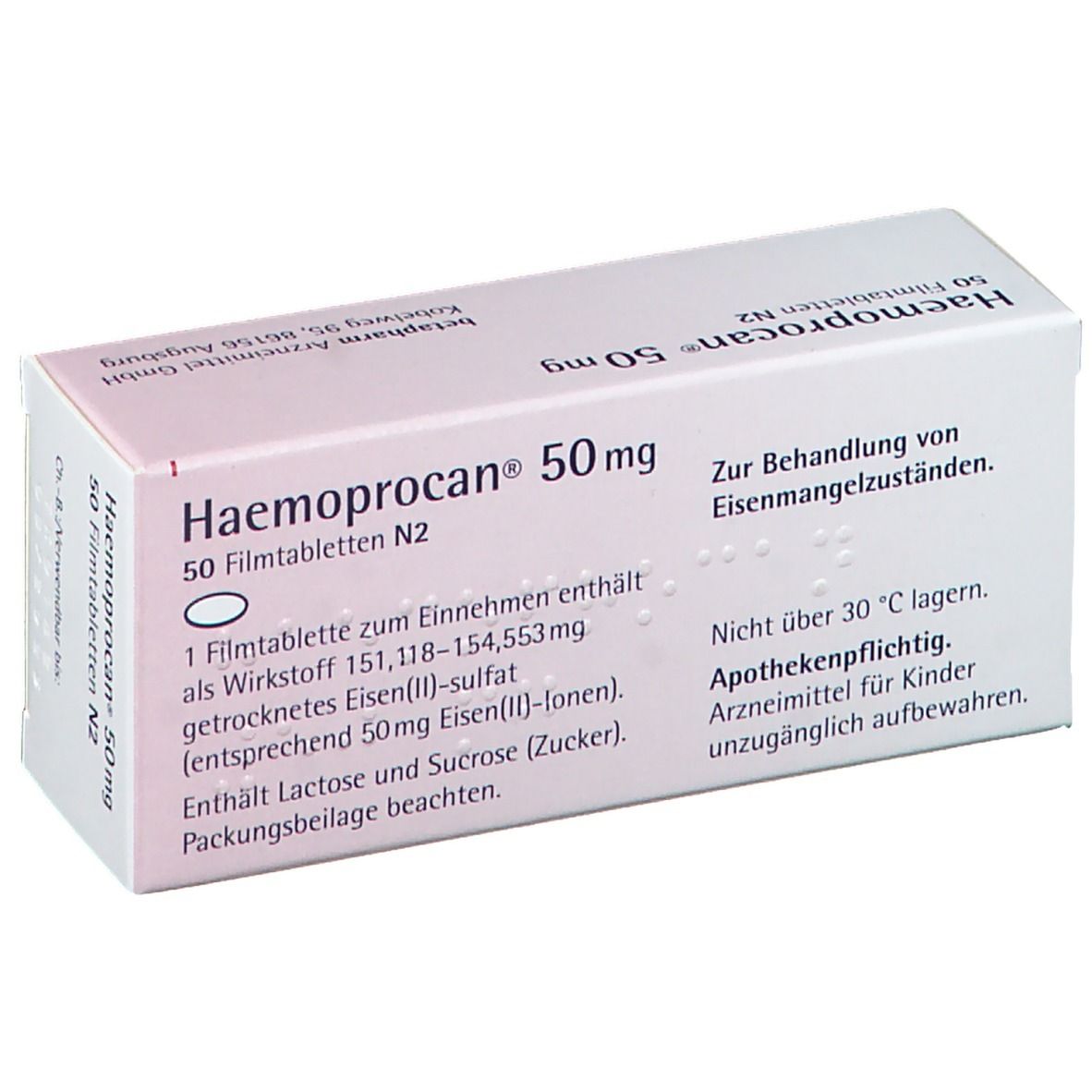 Weißer Karton mit Haemoprocan® 50 mg. Text: 50 Filmtabletten N2. Apothekenpflichtig.
