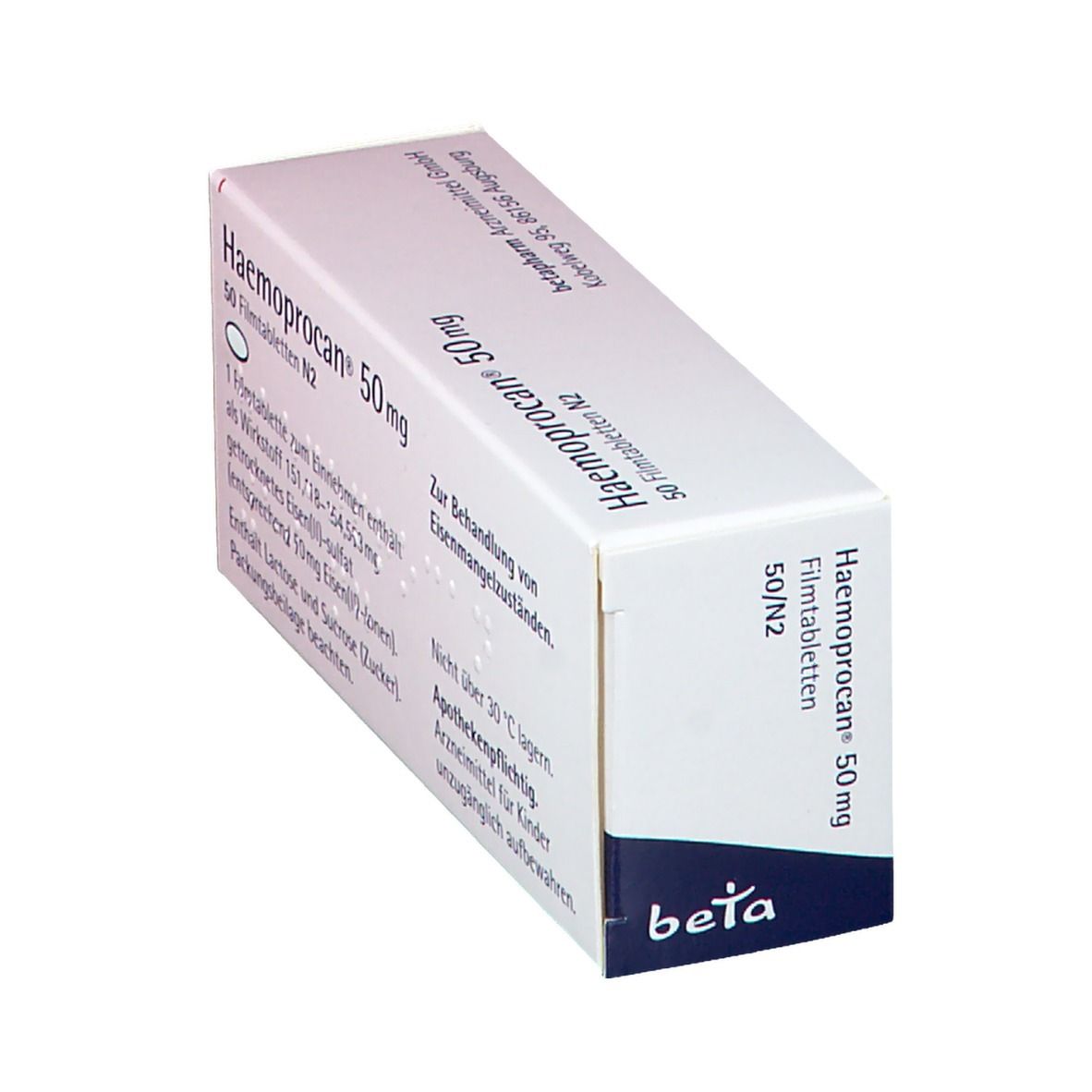 Weißer Karton mit Haemoprocan® 50 mg. Blaue Ecke mit beta pharm Logo. 50 Filmtabletten.