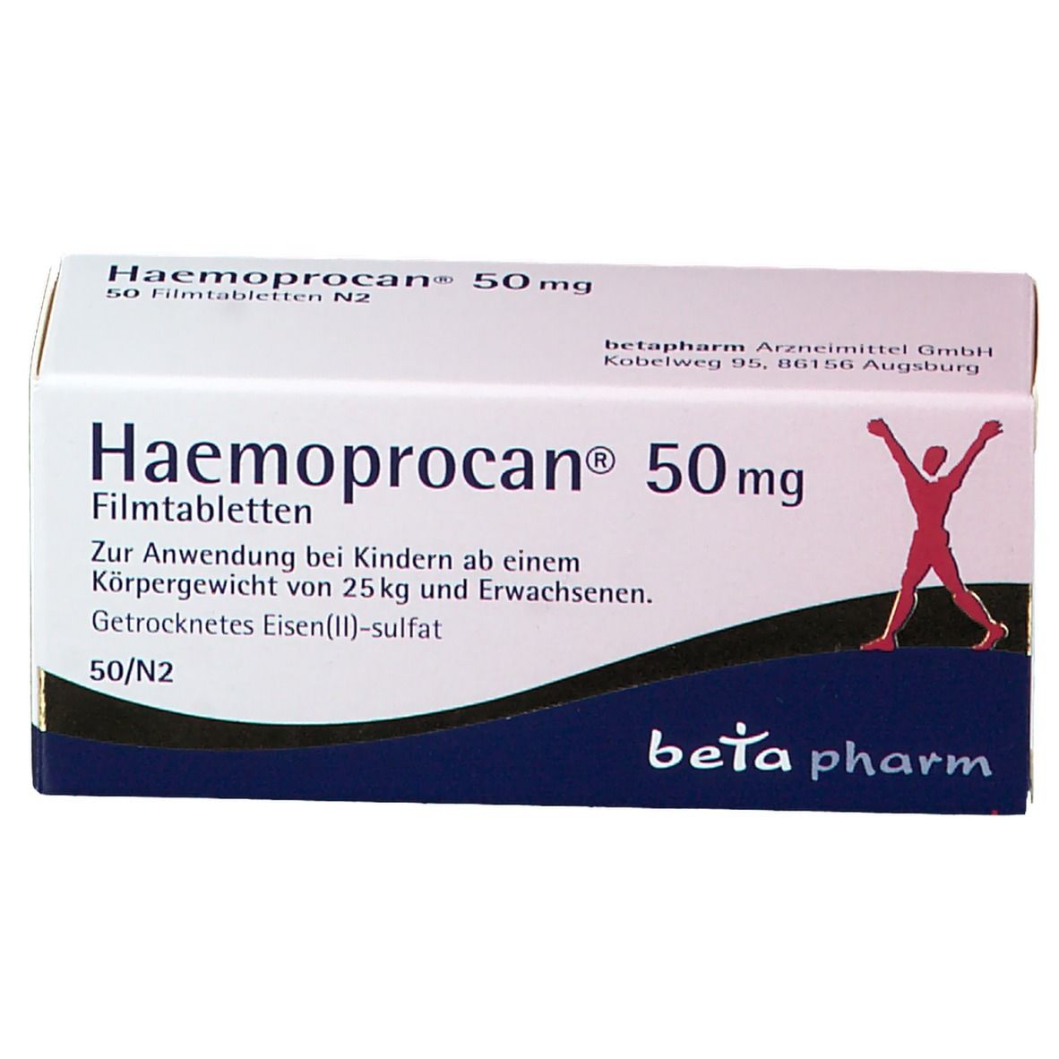Weißer Karton mit Haemoprocan® 50 mg. Rotes Strichmännchen. Beta pharm Logo. 50 Filmtabletten.