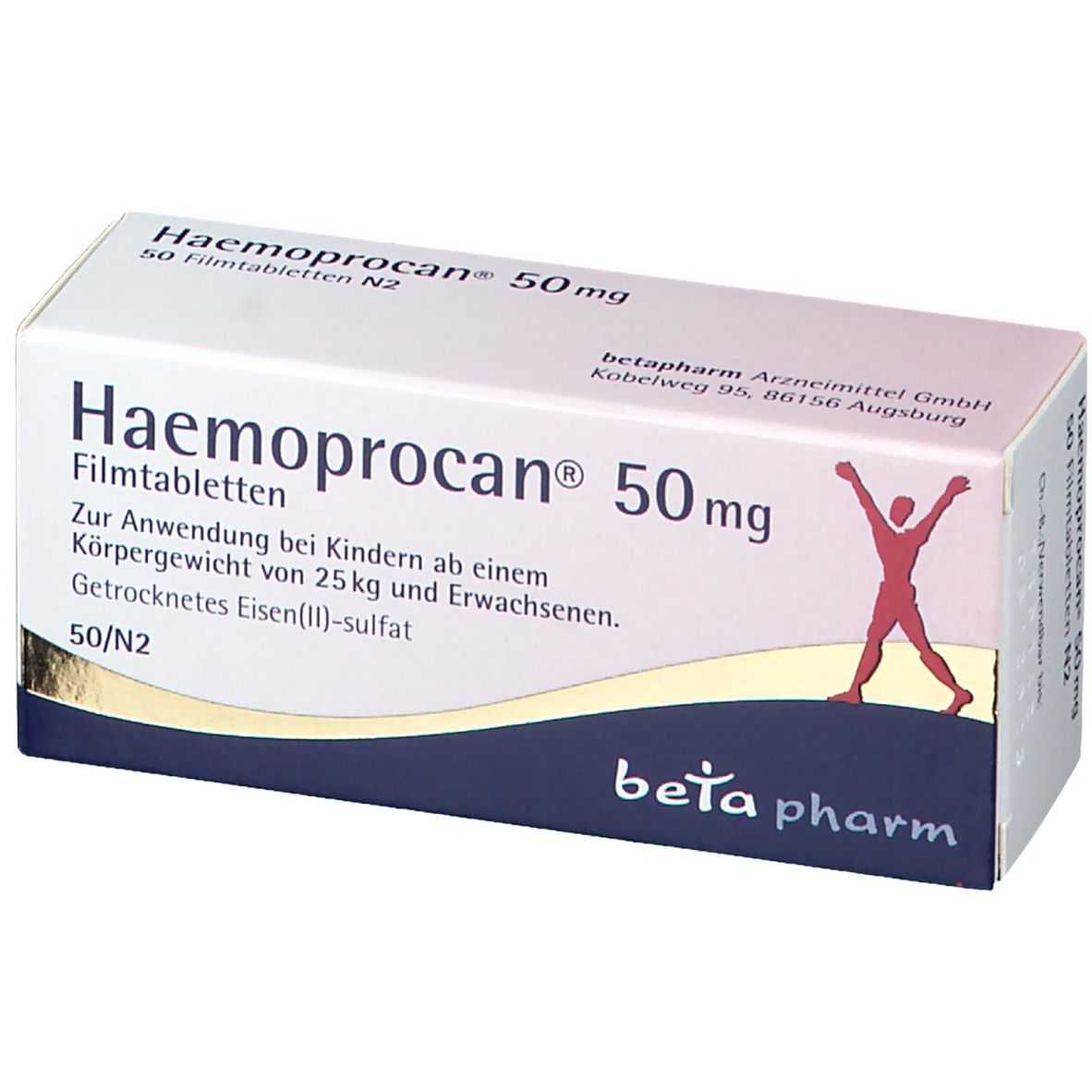 Weißer Karton mit Haemoprocan® 50 mg. Rotes Strichmännchen. Beta pharm Logo. 50 Filmtabletten.