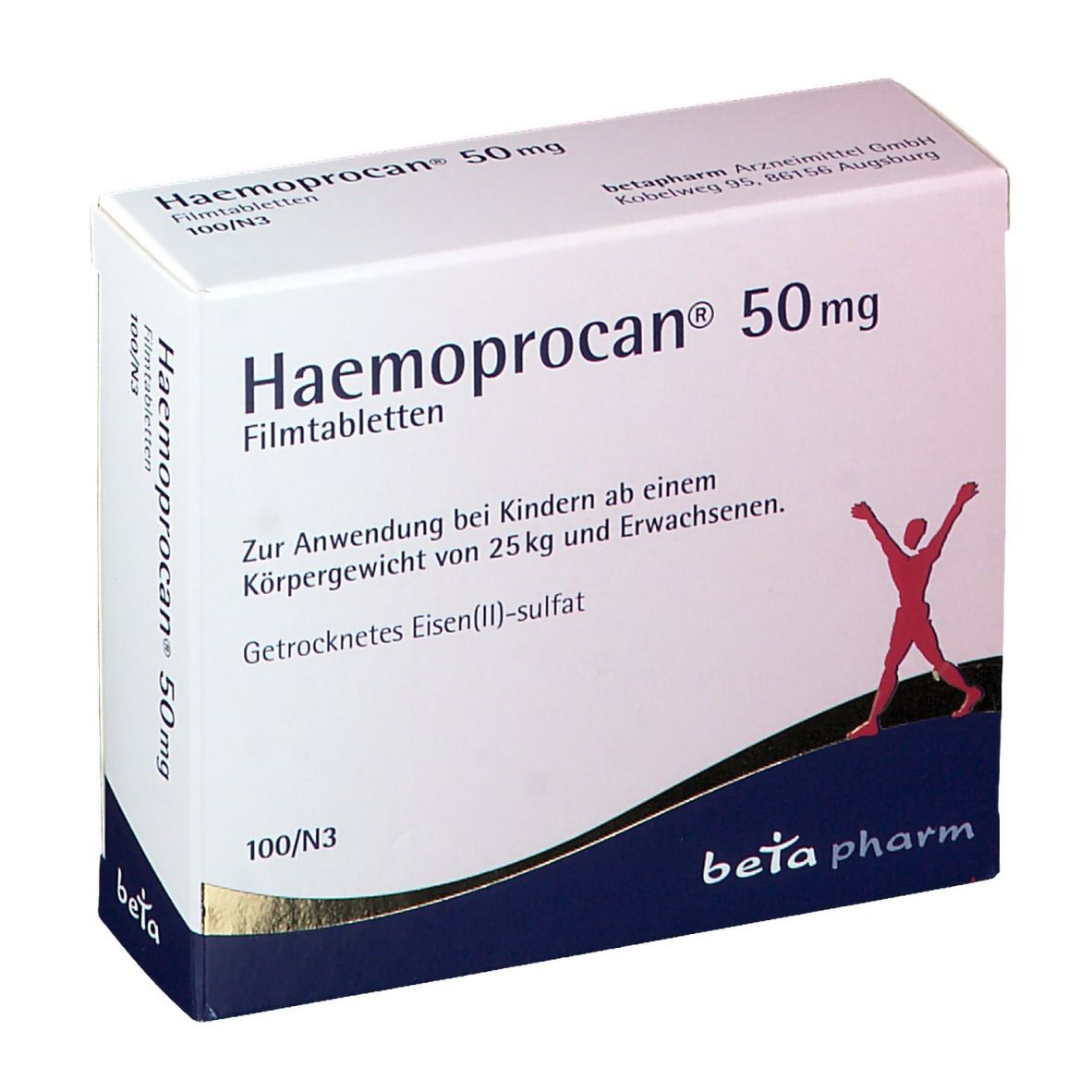 Weißer Karton mit blauer und roter Grafik. Beschriftung: Haemoprocan® 50 mg, Filmtabletten. Hersteller: beta pharm.