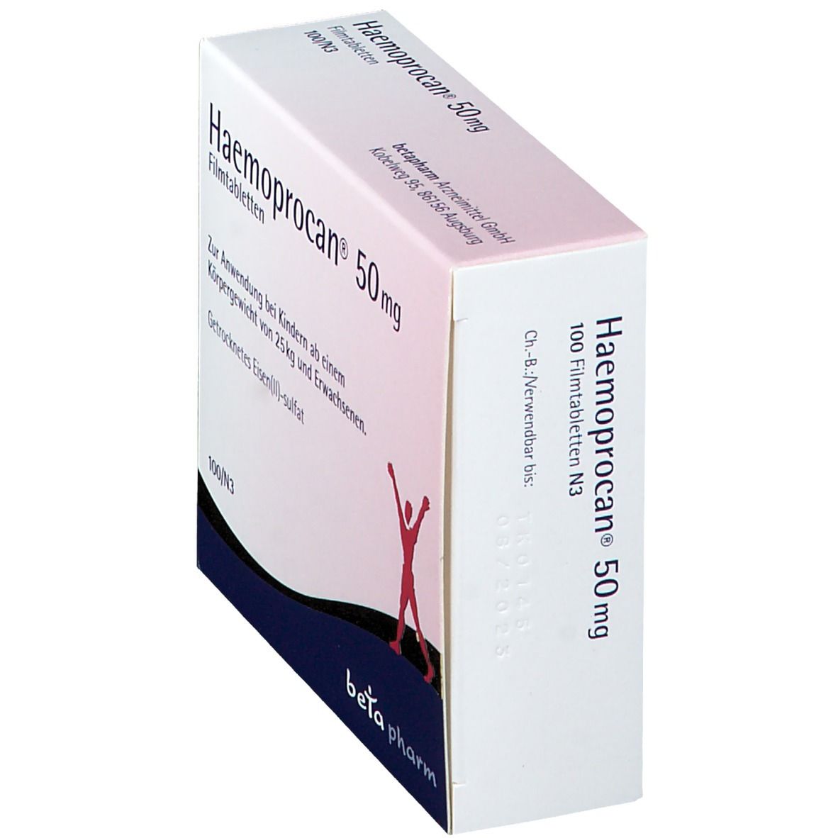 Schräg stehende weiße Schachtel. Beschriftung: Haemoprocan® 50 mg, Filmtabletten. Hersteller: beta pharm.