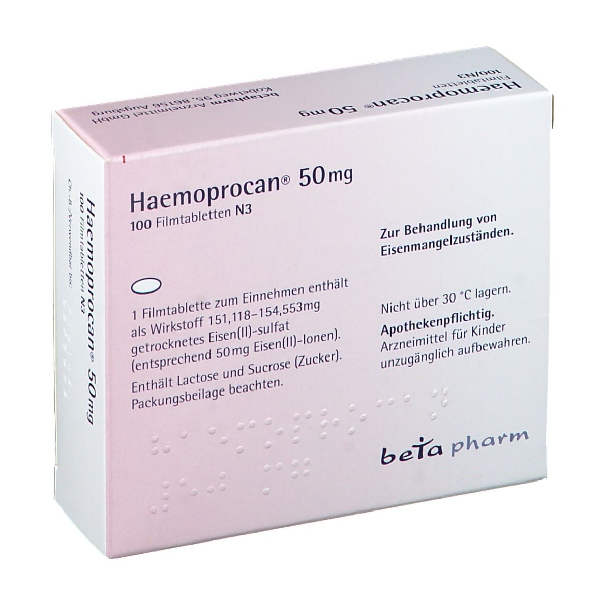 Weiße Schachtel mit roter und blauer Beschriftung. Text: Haemoprocan® 50 mg, 100 Filmtabletten. Hersteller: beta pharm.