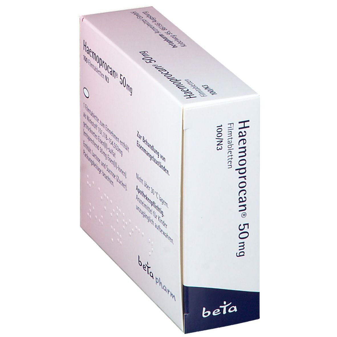 Schräg stehende weiße Schachtel. Beschriftung: Haemoprocan® 50 mg, Filmtabletten. Hersteller: beta pharm.