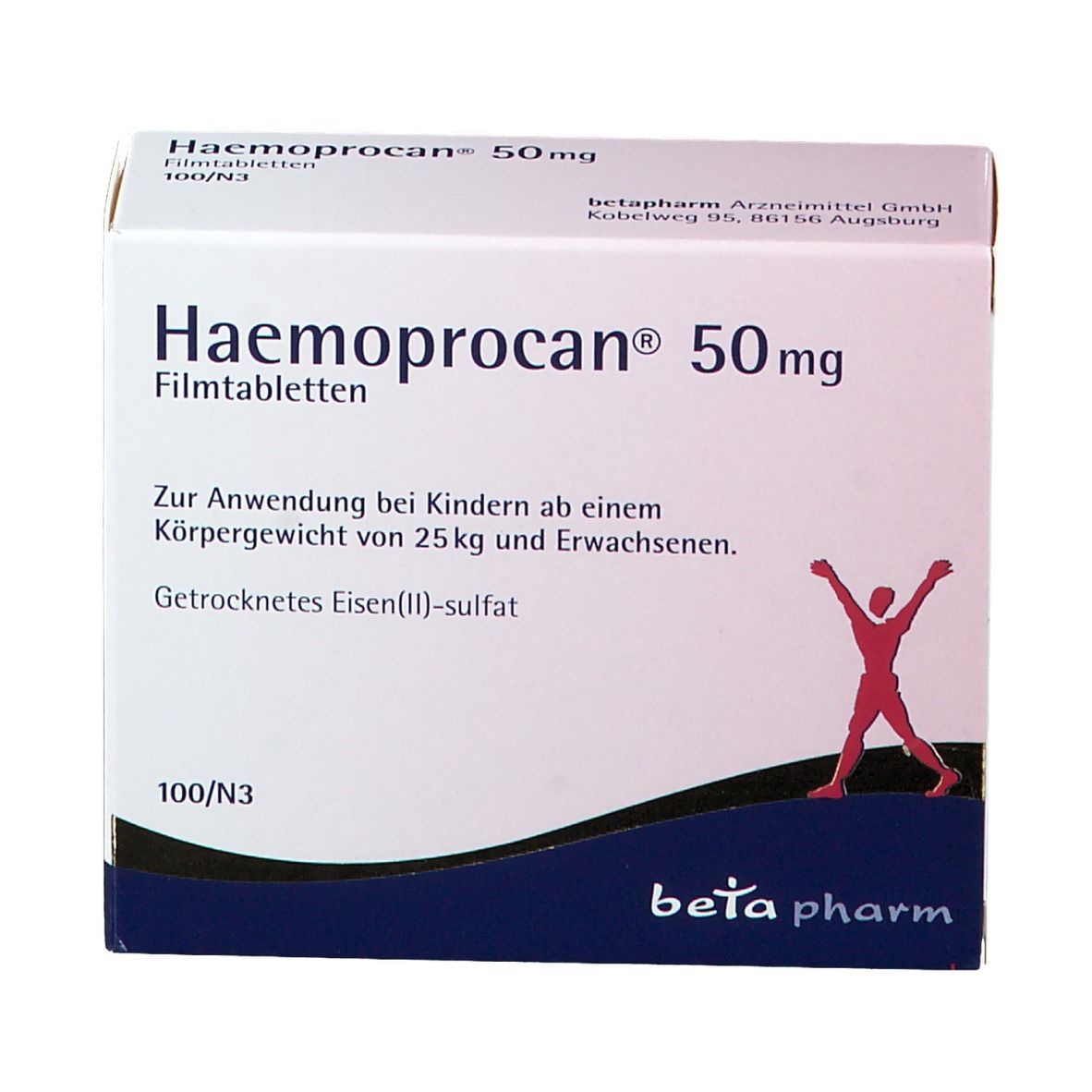 Weiße Schachtel mit roter und blauer Beschriftung. Text: Haemoprocan® 50 mg, Filmtabletten. Hersteller: beta pharm.
