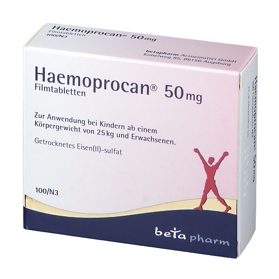 Weiße Schachtel mit roter und blauer Beschriftung. Text: Haemoprocan® 50 mg, Filmtabletten. Hersteller: beta pharm.