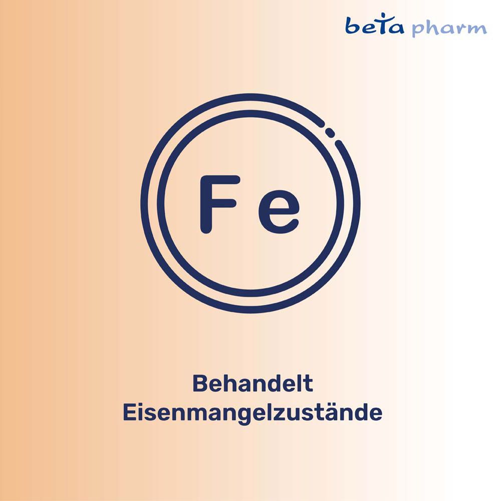 Kreis mit 'Fe' Symbol. Text: Behandelt Eisenmangelzustände. Logo: beta pharm.