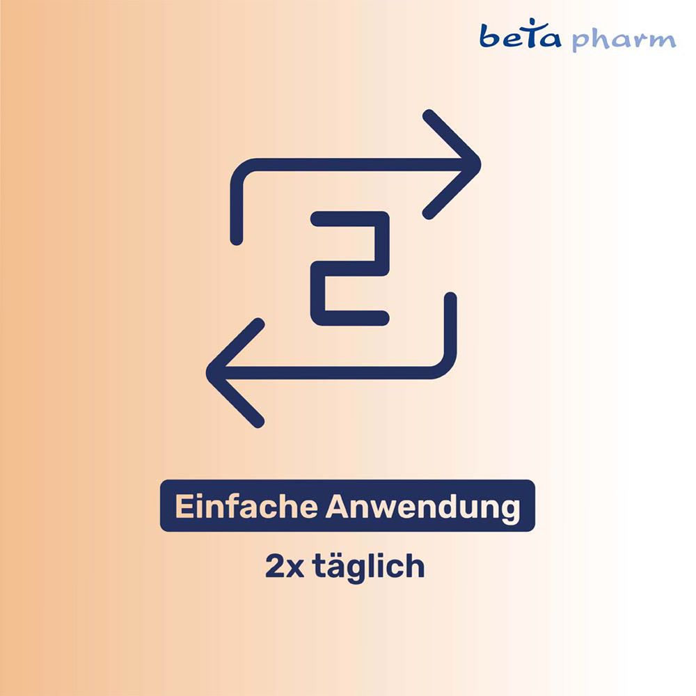 Pfeil-Symbol. Text: Einfache Anwendung, 2x täglich. Logo: beta pharm.