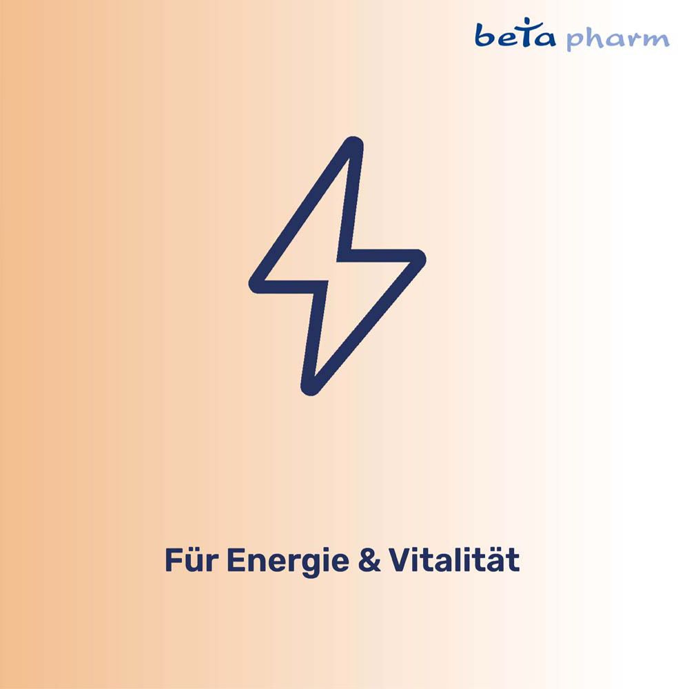 Blitz-Symbol. Text: Für Energie & Vitalität. Logo: beta pharm.
