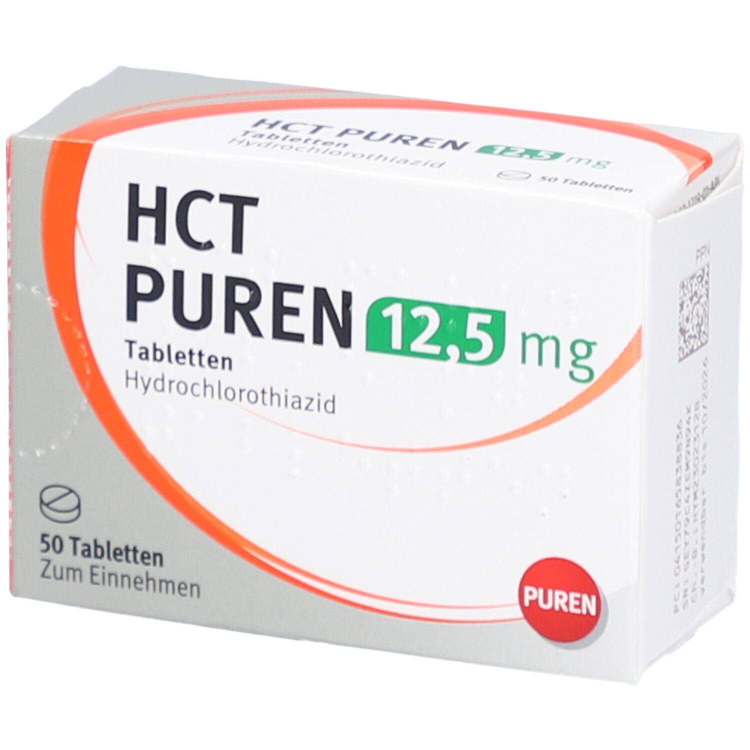 HCT PUREN 12,5 mg Tabletten-Packung. Weiße Schachtel mit grüner und roter Schrift. 50 Tabletten. Hydrochlorothiazid.
