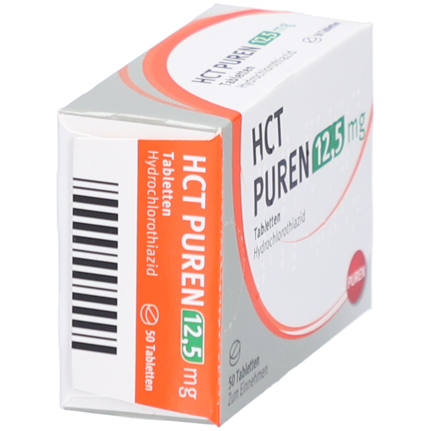 HCT PUREN 12,5 mg Tabletten-Packung. Weiße Schachtel mit roter und grüner Schrift. 50 Tabletten. Hydrochlorothiazid.