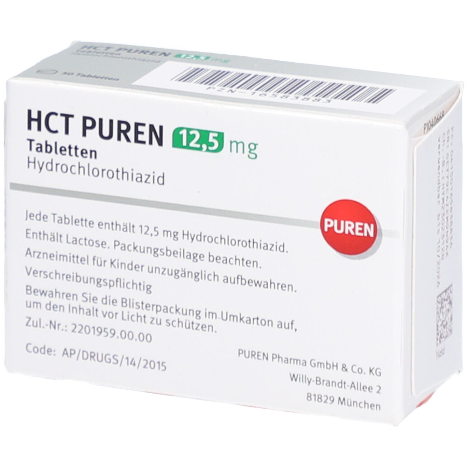 HCT PUREN 12,5 mg Tabletten-Packung. Weiße Schachtel mit grüner und roter Schrift. 50 Tabletten. Hydrochlorothiazid.